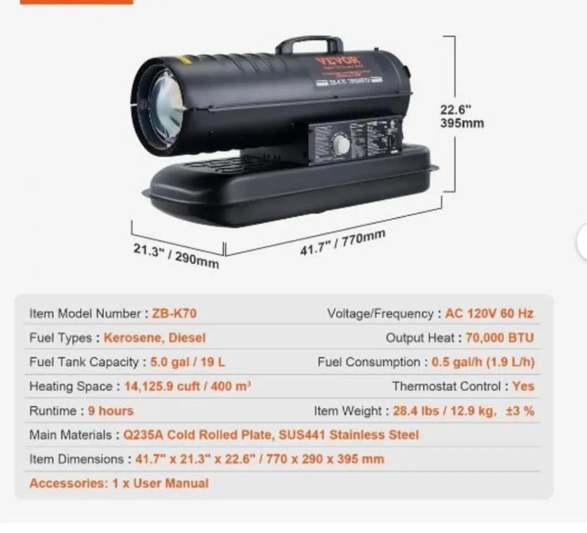 Kerosene/Diesel Forced Air Heater, 70000Btu - Image 2