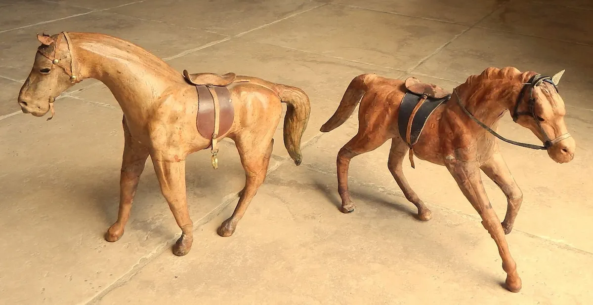 2 Vintage Leather Wrapped Horse Figurines - Image 1