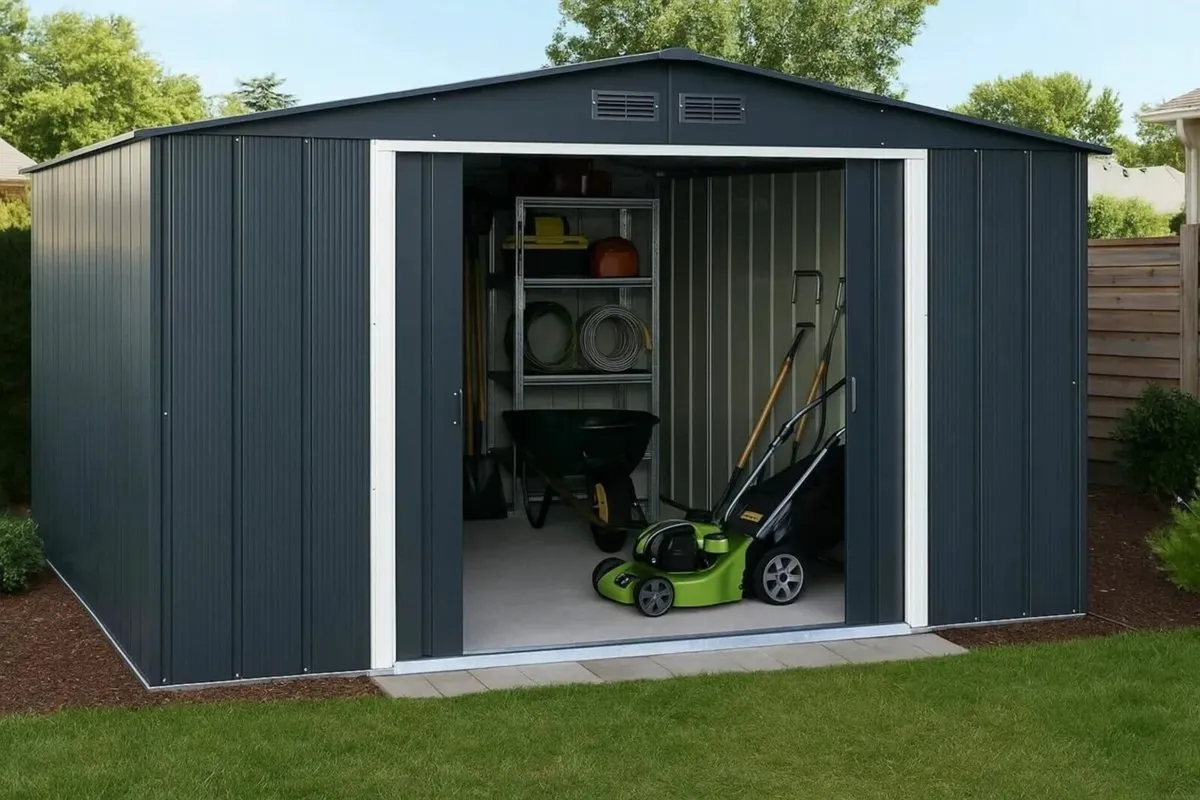 10×12 ECO Steel Garden Shed – Green (with Free Flo - Image 1