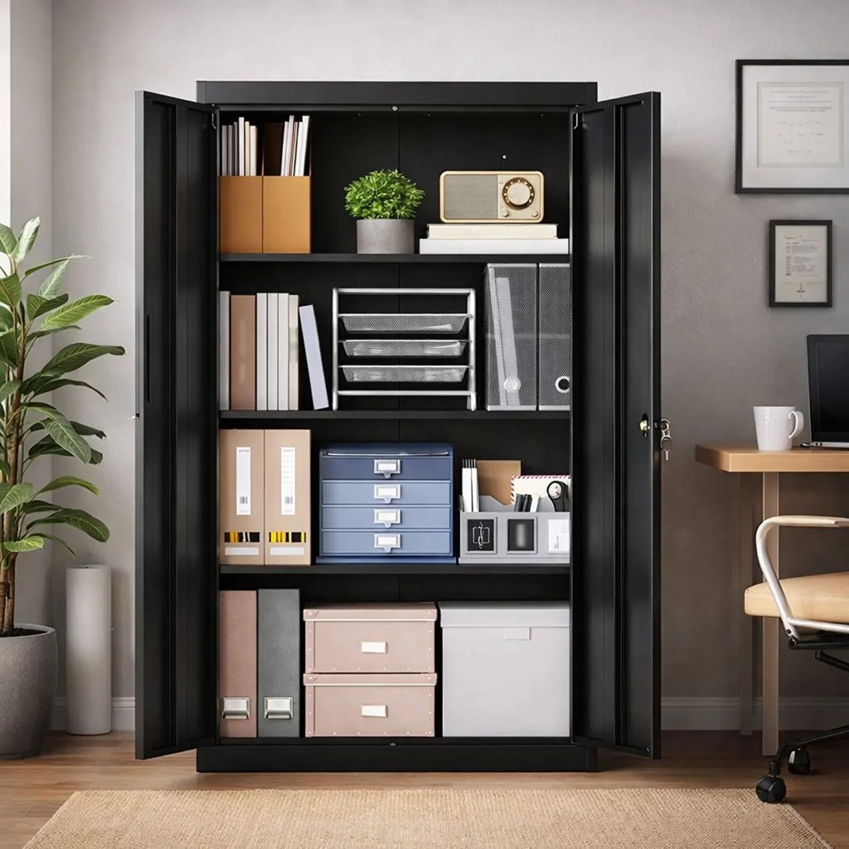 Black Metal Storage Cabinet Lockable With Shelves - Image 3