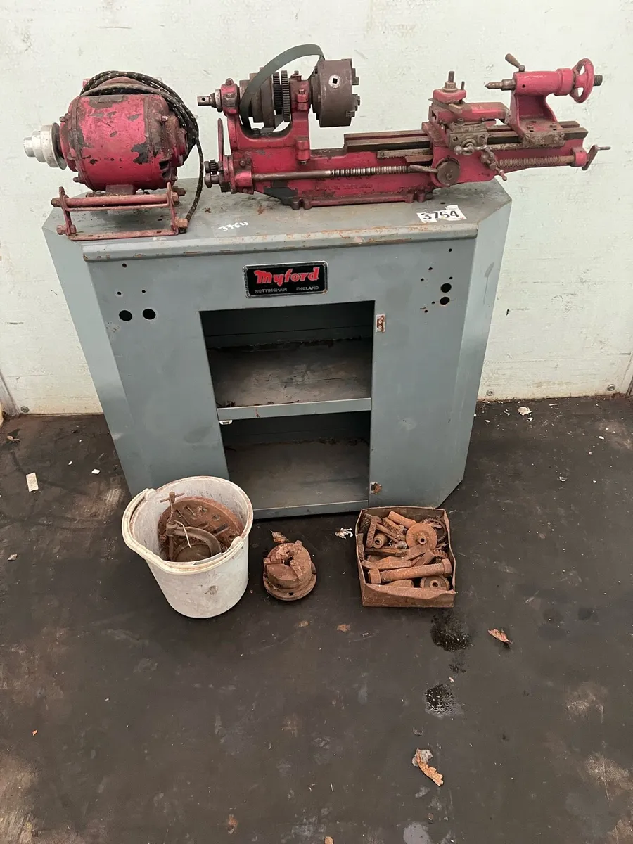 Mayford Lathe with work bench and motor - Image 3