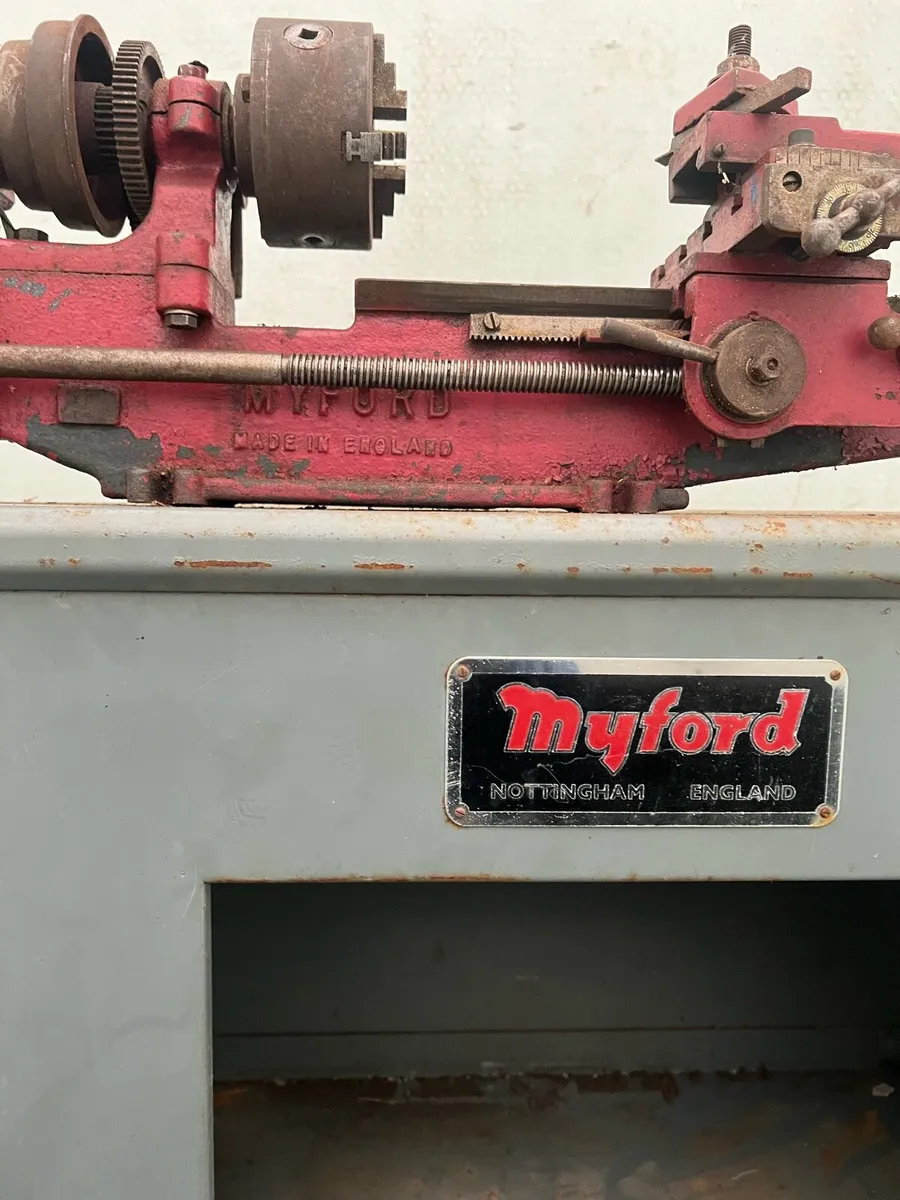 Mayford Lathe with work bench and motor - Image 4