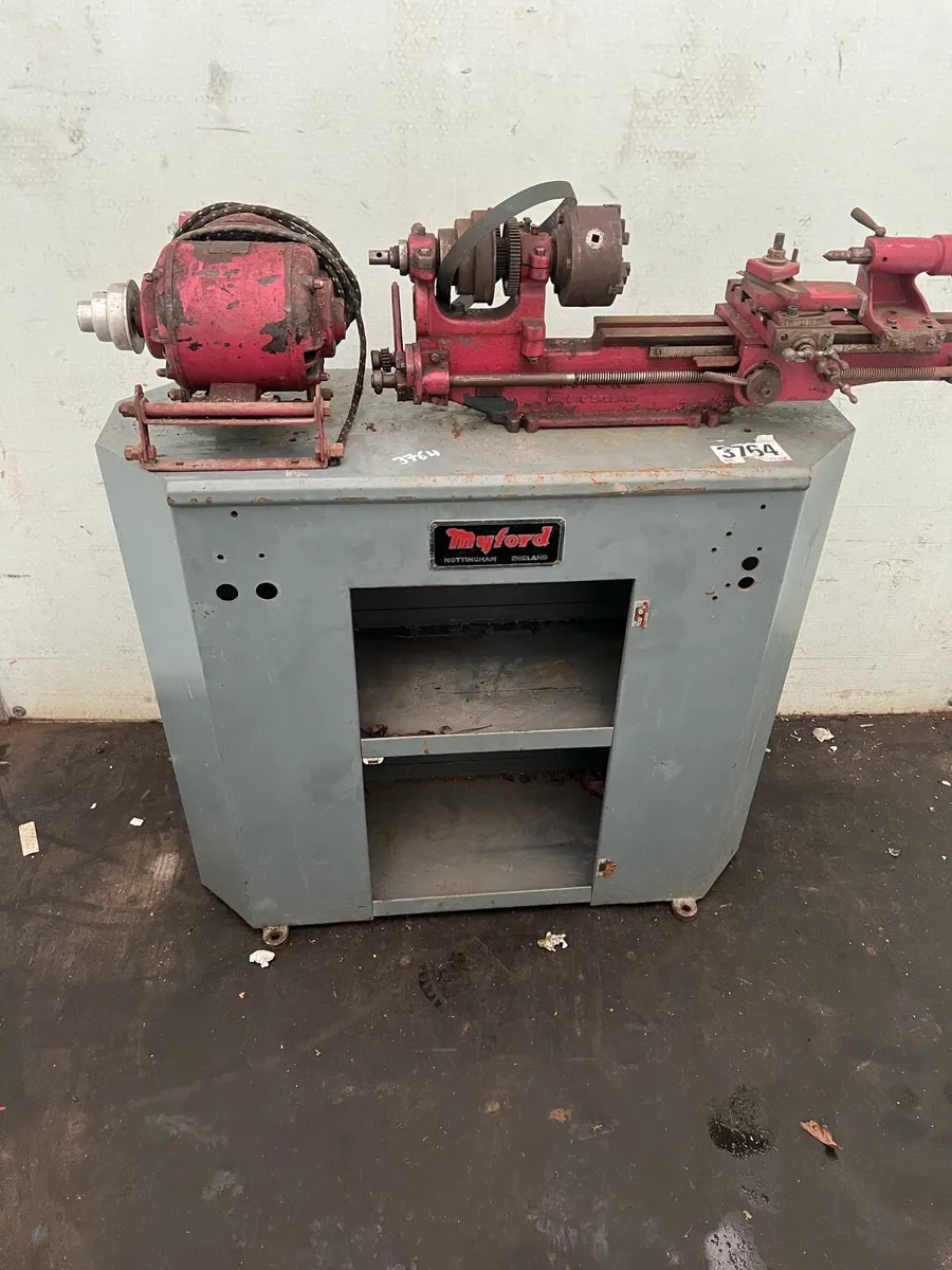 Mayford Lathe with work bench and motor - Image 1
