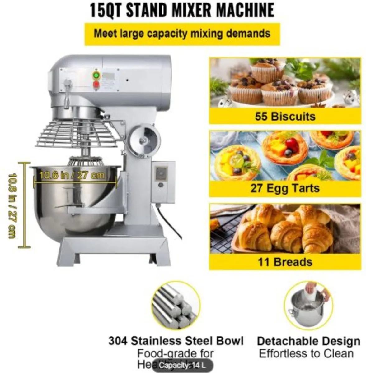 Industrial Kitchen Mixer 15Qt 600W, 3 Gear Speeds - Image 2