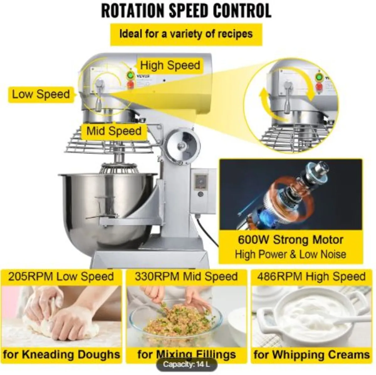 Industrial Kitchen Mixer 15Qt 600W, 3 Gear Speeds - Image 3
