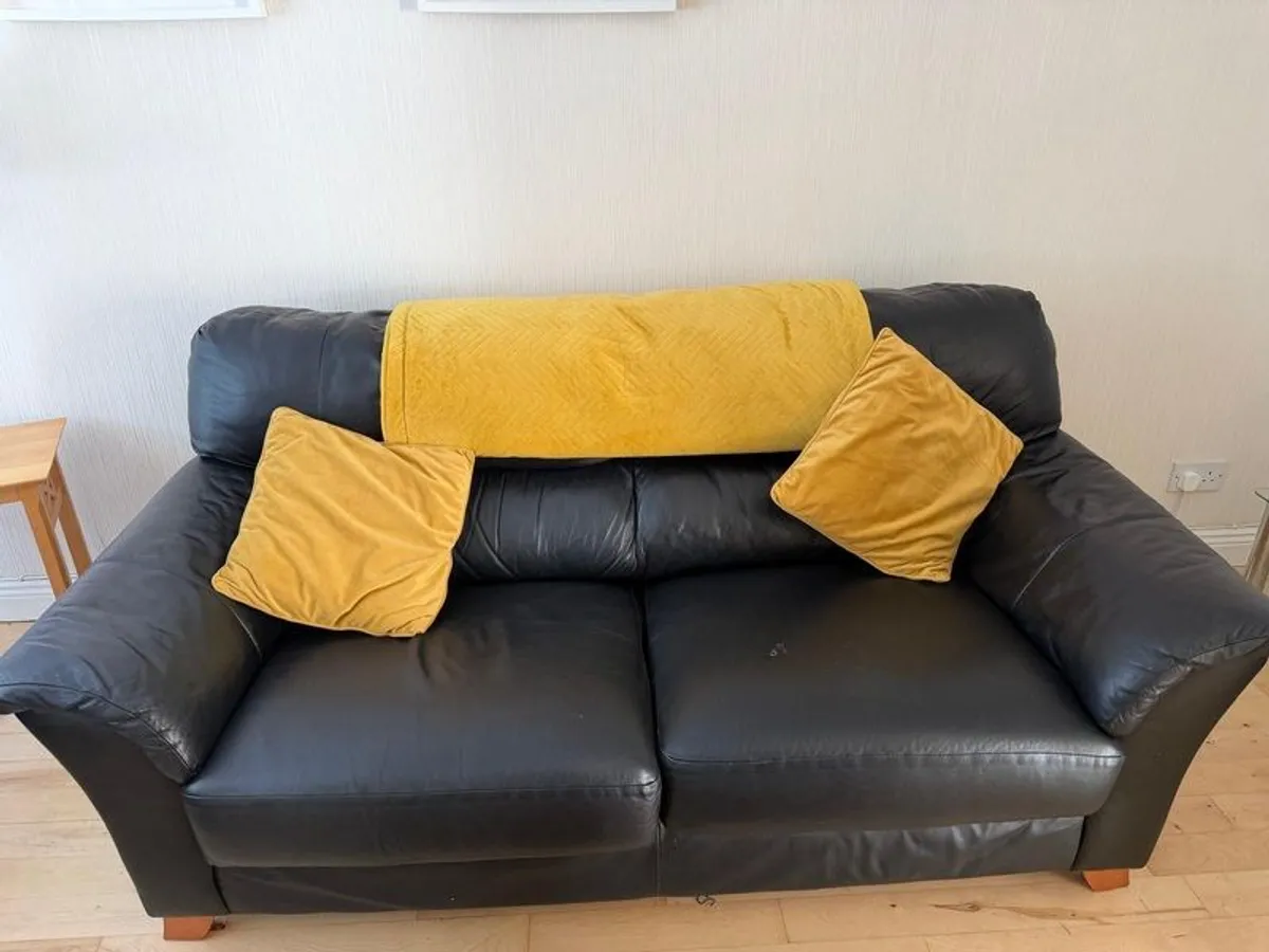 3 Seater & 2 Seater Black Leather Sofas - Image 1