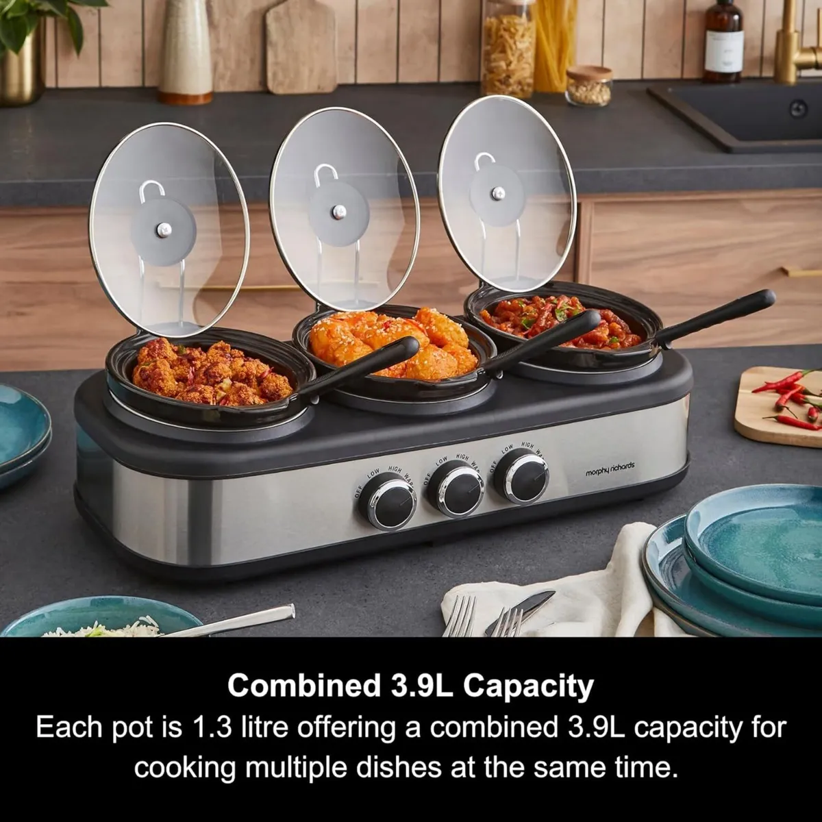 3.9L TrioServe Three Pot Slow Cooker Ceramic Pots - Image 2