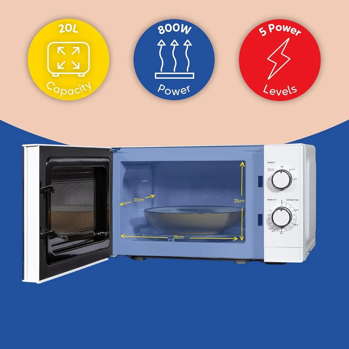20 Litre 800W White Solo Manual Microwave 5 Power - Image 4