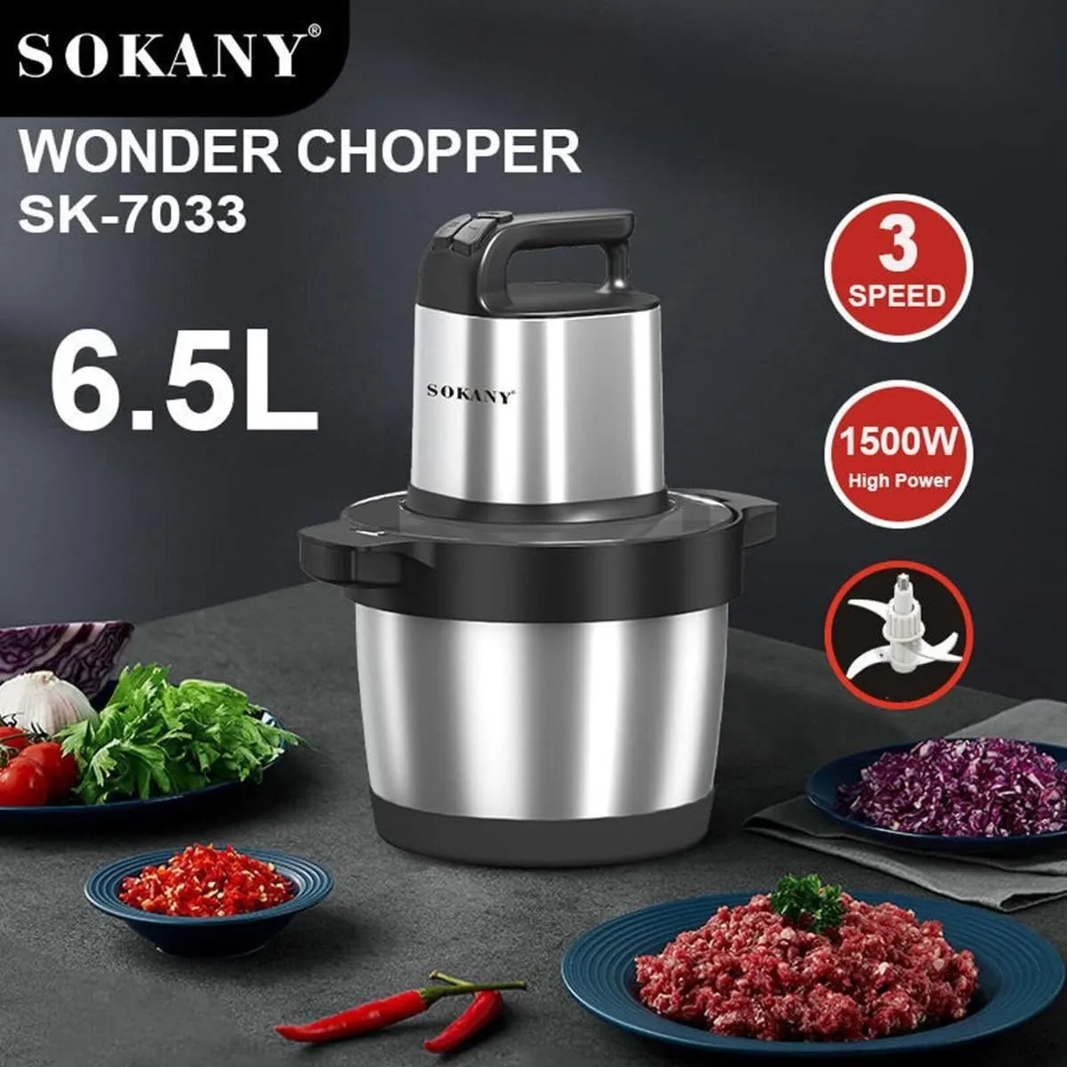 1500W Electric Chopper with 6.5L Stainless Steel - Image 2