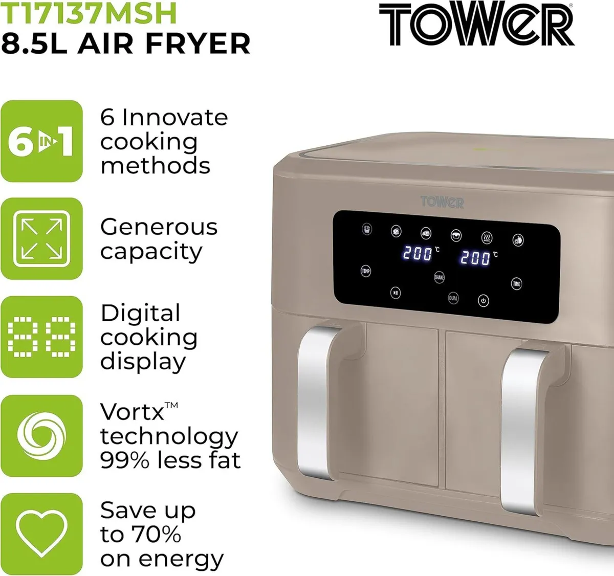 T17137MSH Vortx 8.5L Dual Basket Air Fryer with - Image 2