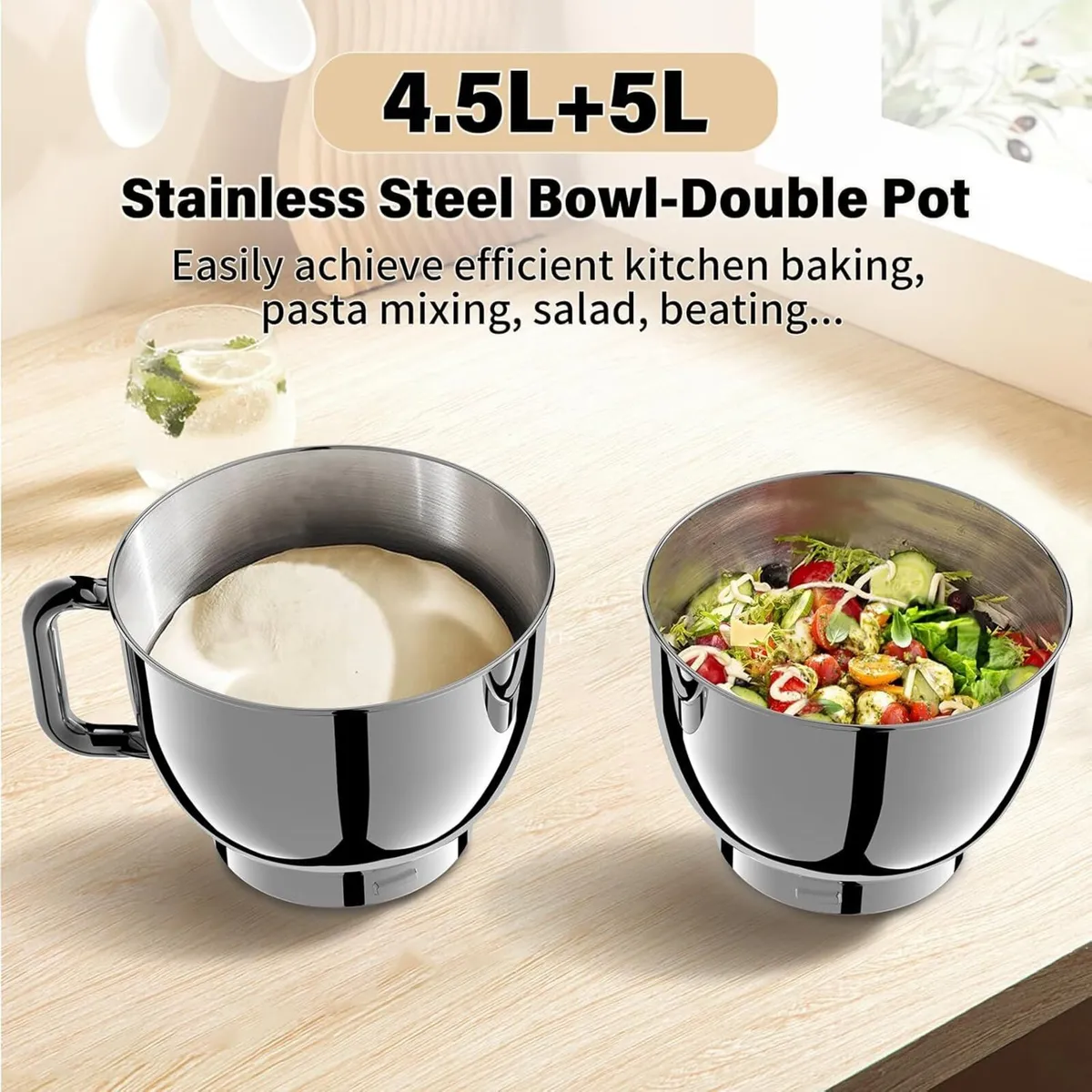 Stand Mixer 4.5L+5L Bowls 8-speed 1000W Tilt-Head - Image 2