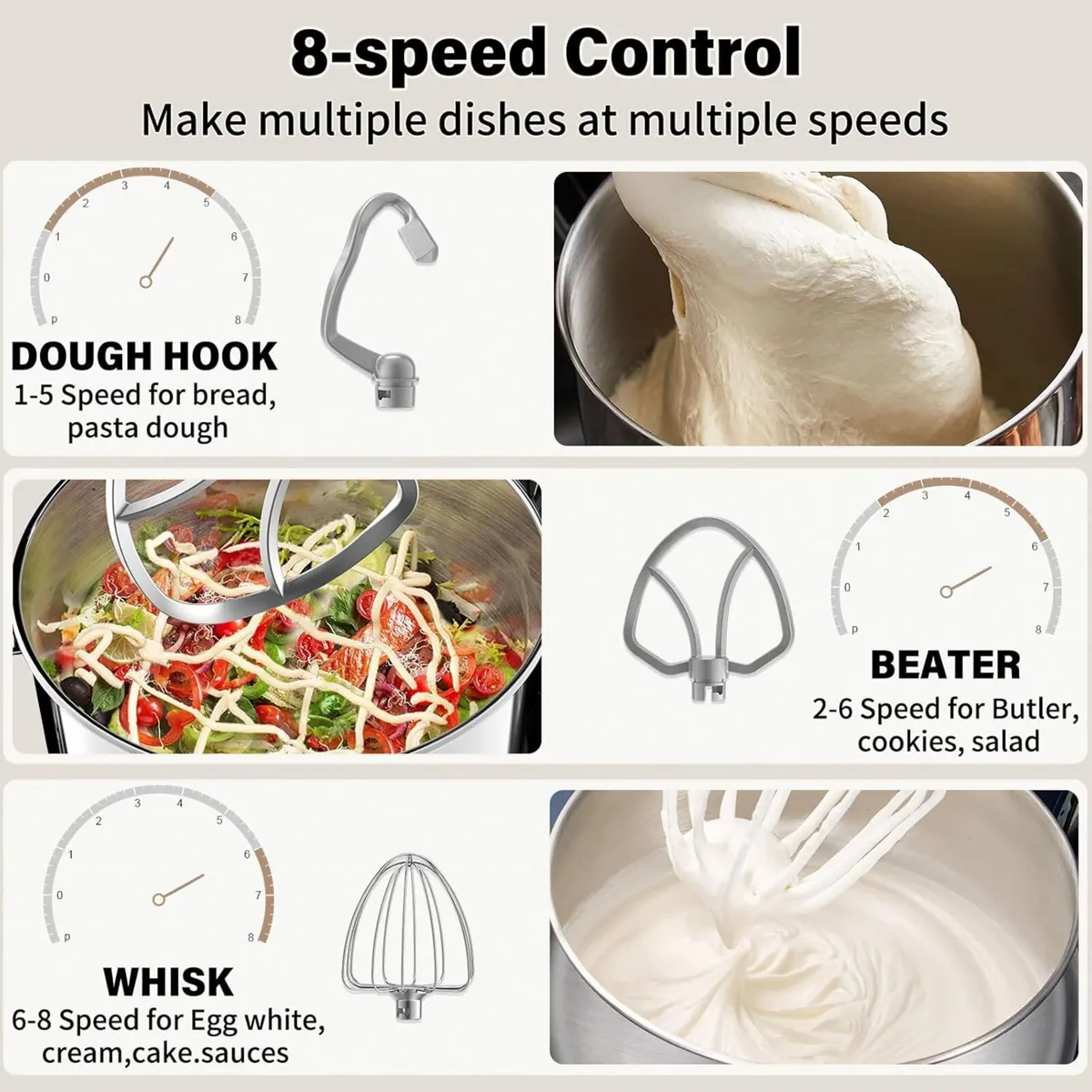 Stand Mixer 4.5L+5L Bowls 8-speed 1000W Tilt-Head - Image 4