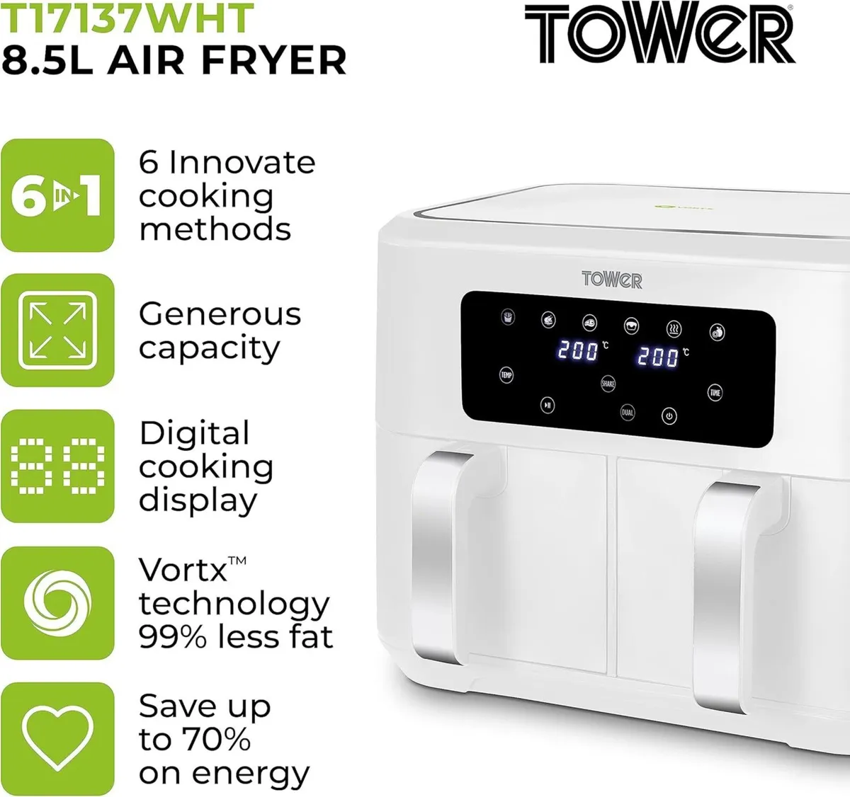 T17137WHT Vortx 8.5L Dual Basket Air Fryer with - Image 2