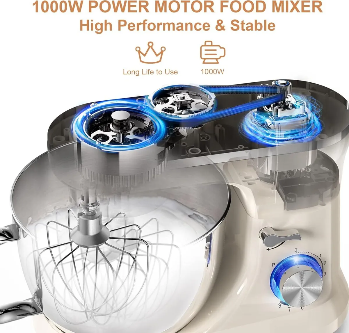 Stand Mixer 4.5L+5L Bowls 8-speed 1000W Tilt-Head - Image 2