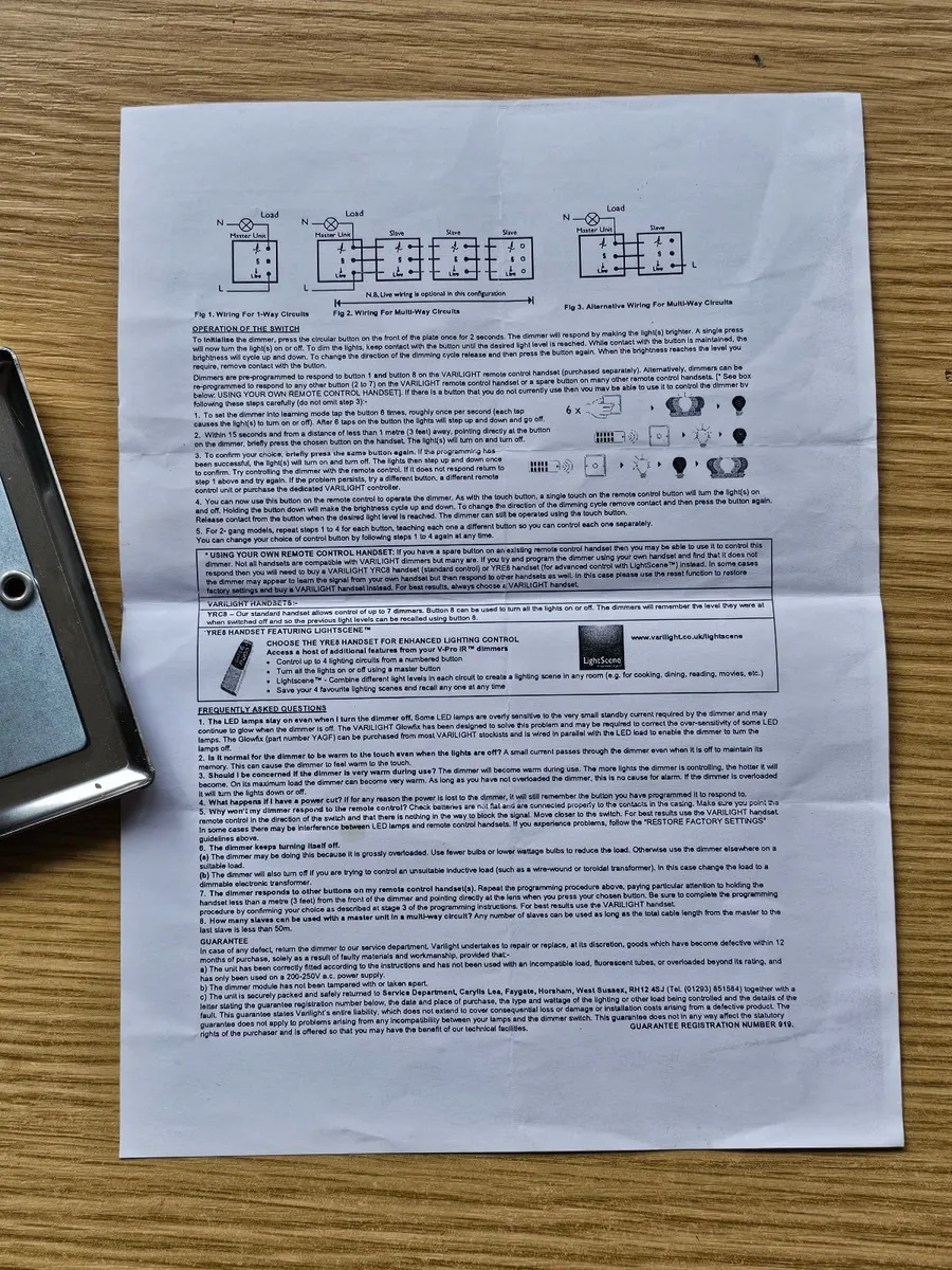 Varilight light switch dimmer remote control IR - Image 4