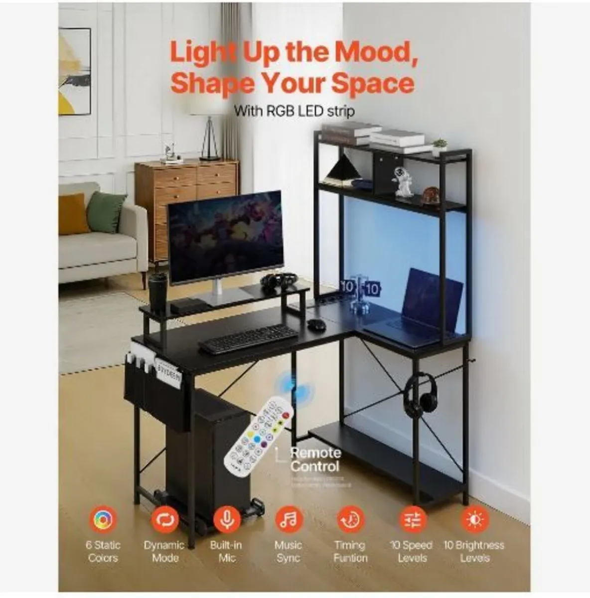 L-Shaped Gaming Desk with LED Lights - Image 2