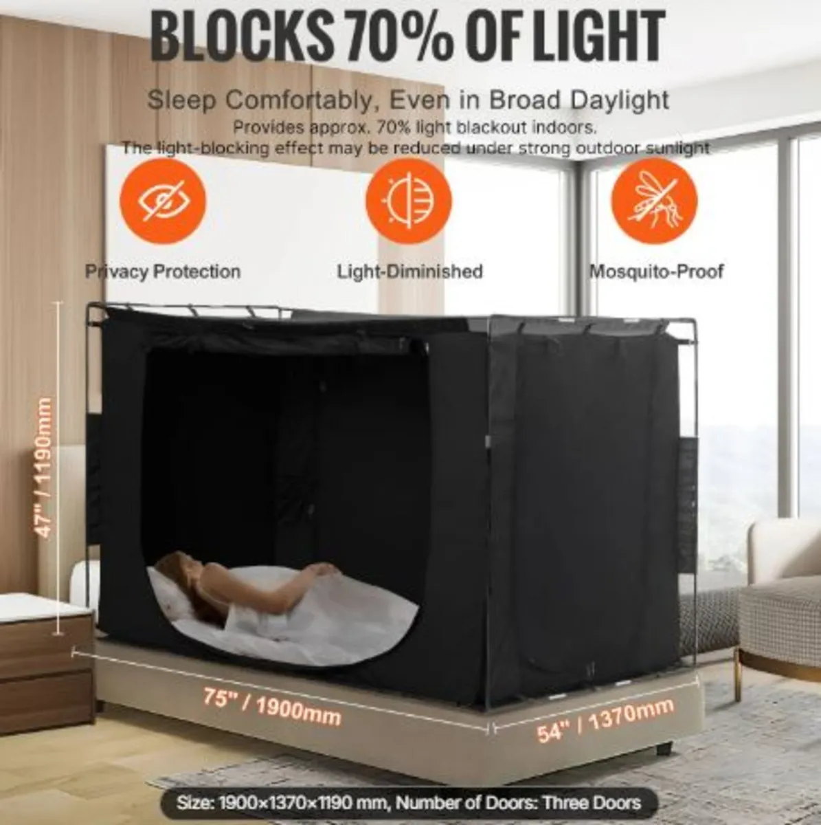 3 Doors Bed Tent Breathable Tent 70% Blackout - Image 3