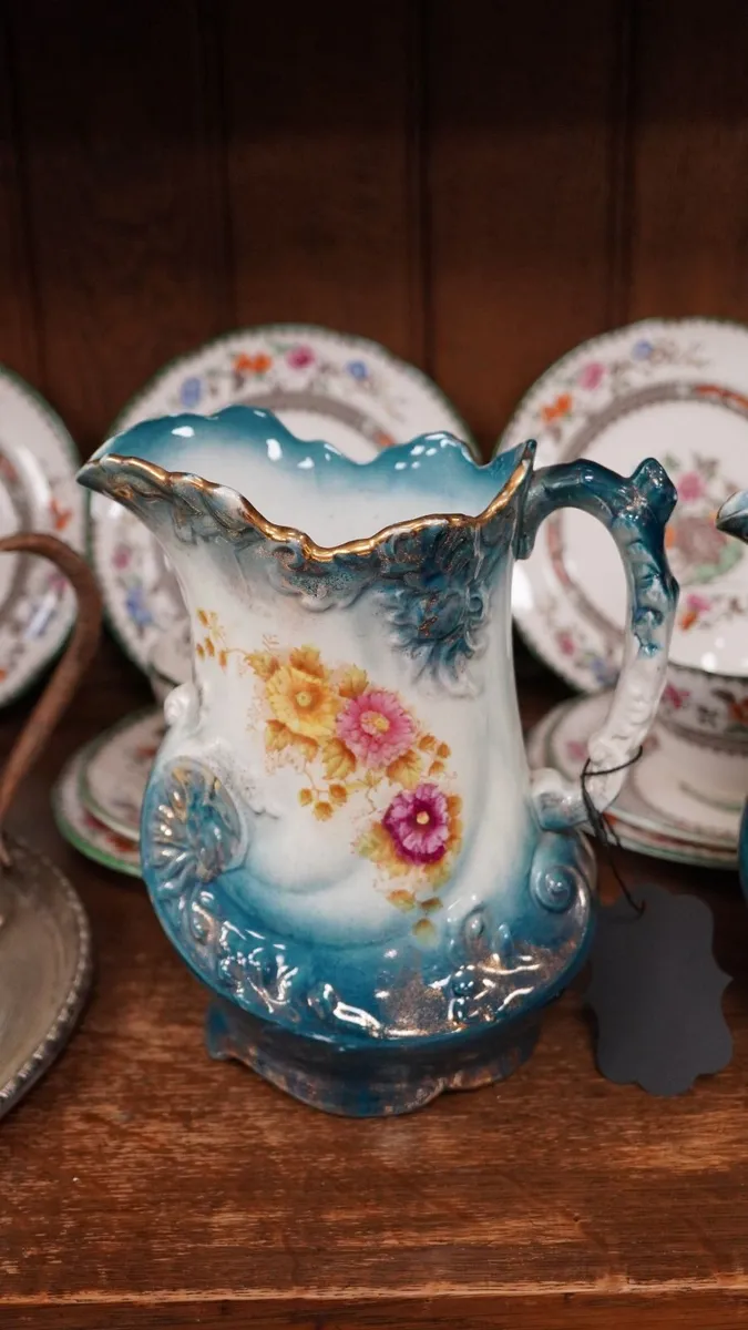 Antique Turquoise Floral Ceramic Jugs - Image 3