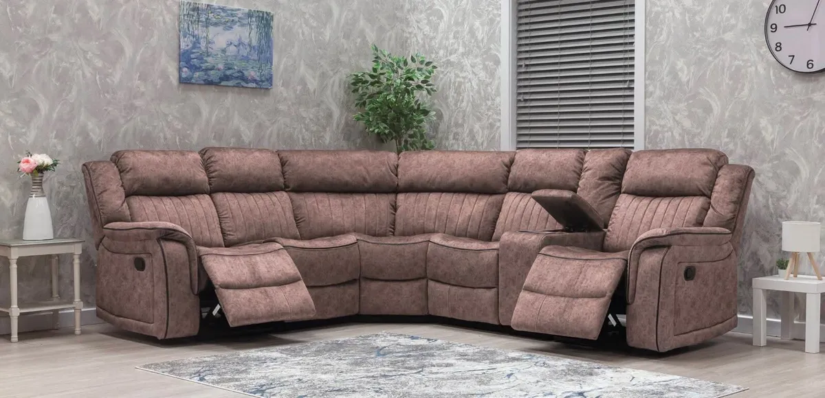New Gresham Brown & Grey Fabric Recliner Sofa - Image 1
