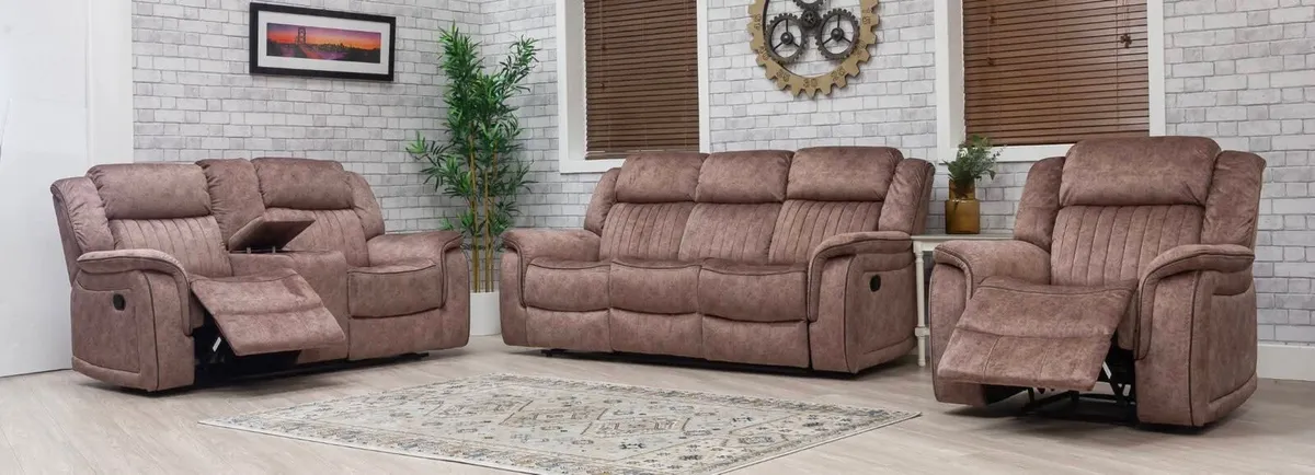 New Gresham Brown & Grey Fabric Recliner Sofa - Image 2