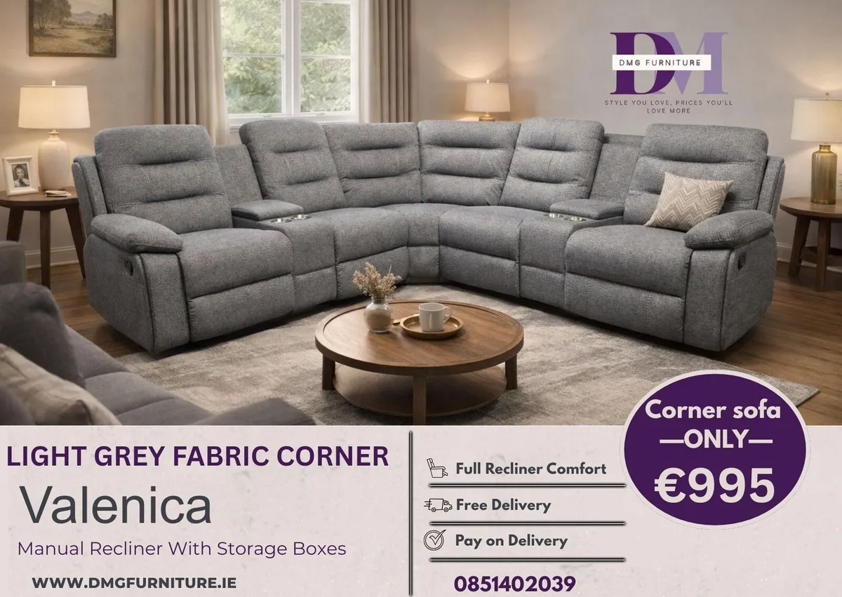 New Light & Dark Grey Fabric Corner Recliner Sofa - Image 1