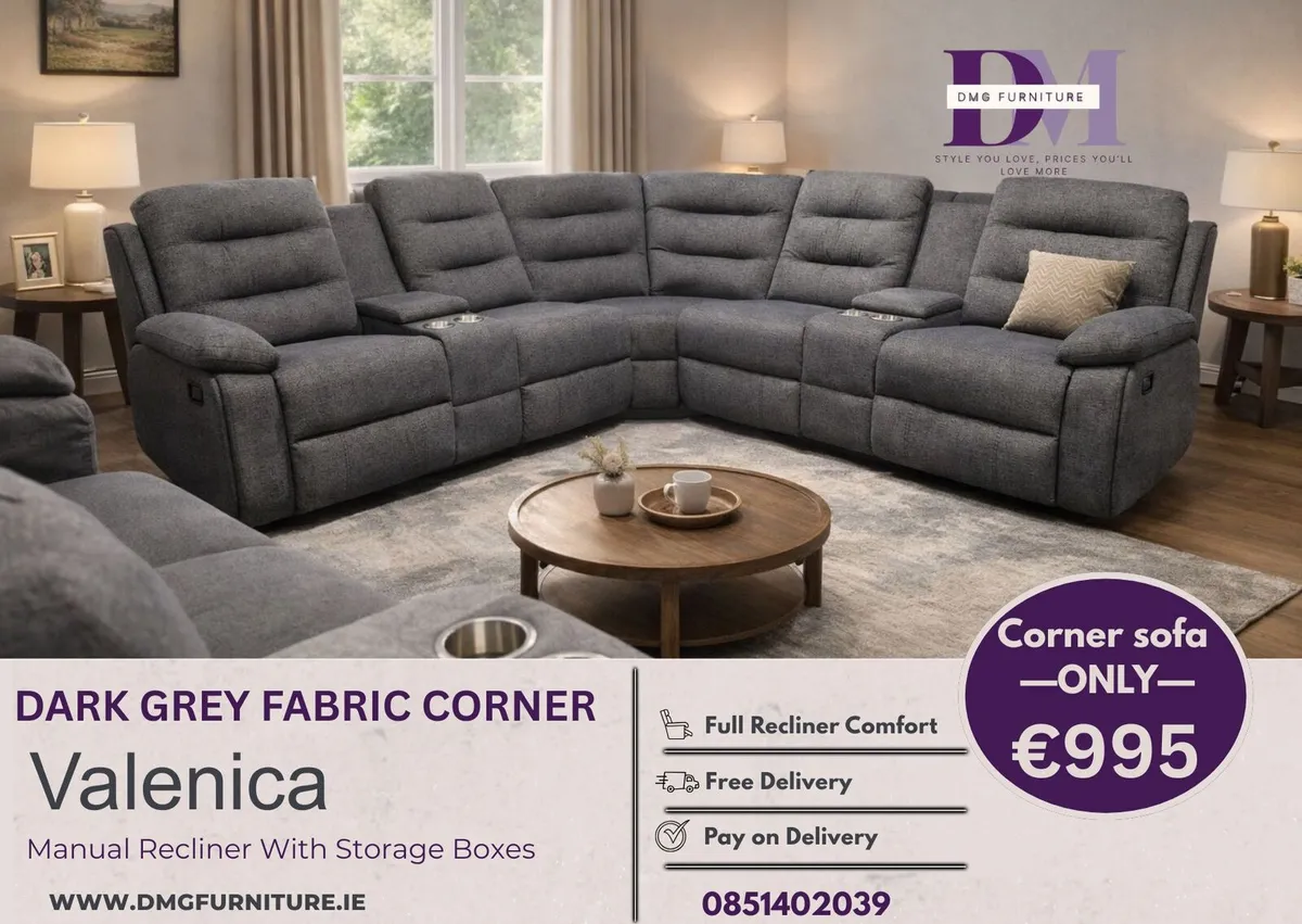 New Light & Dark Grey Fabric Corner Recliner Sofa - Image 2