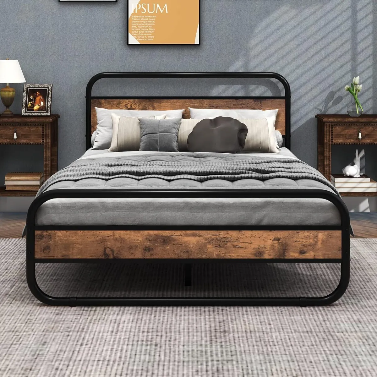 Double Bed Metal Platform Frame with Wood - Image 1