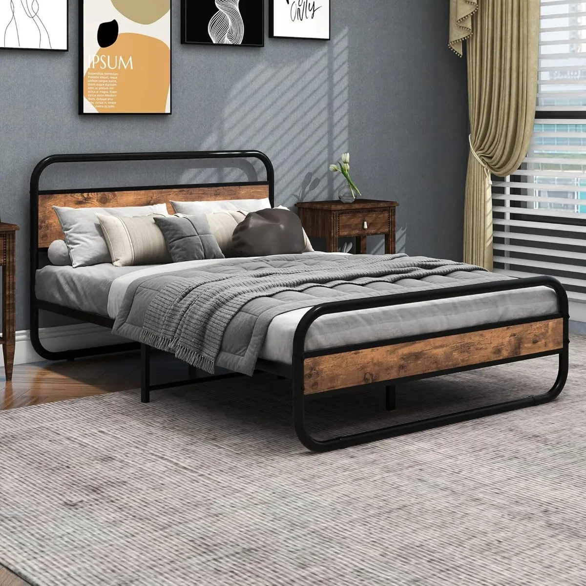 Double Bed Metal Platform Frame with Wood - Image 3