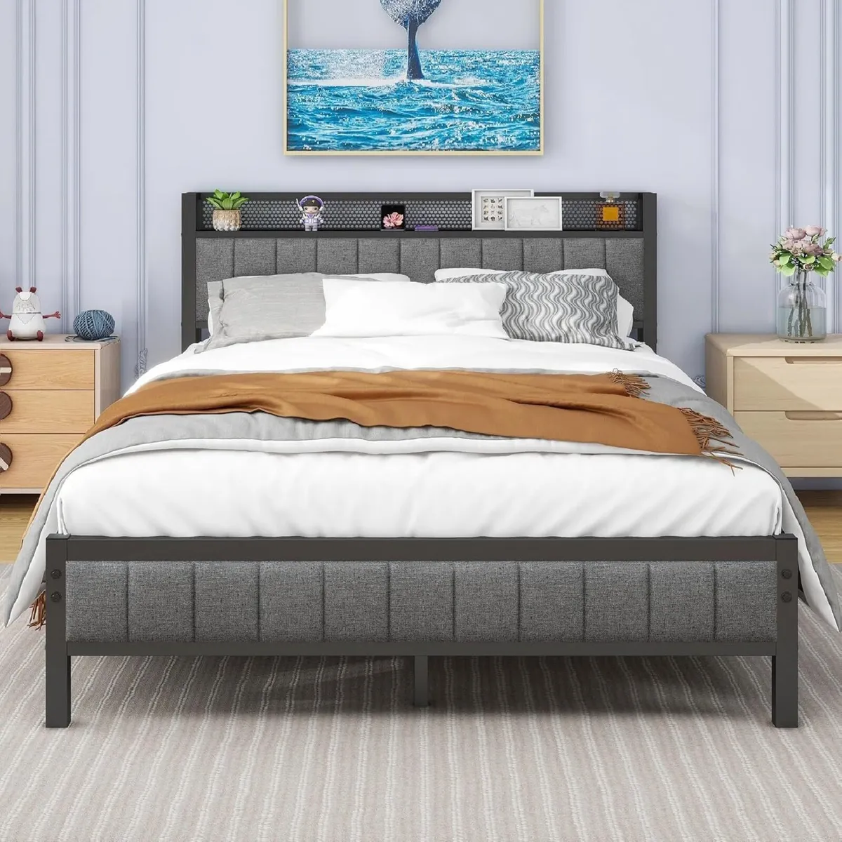 Double Bed Frame with Storage Headboard Shelf - Image 1