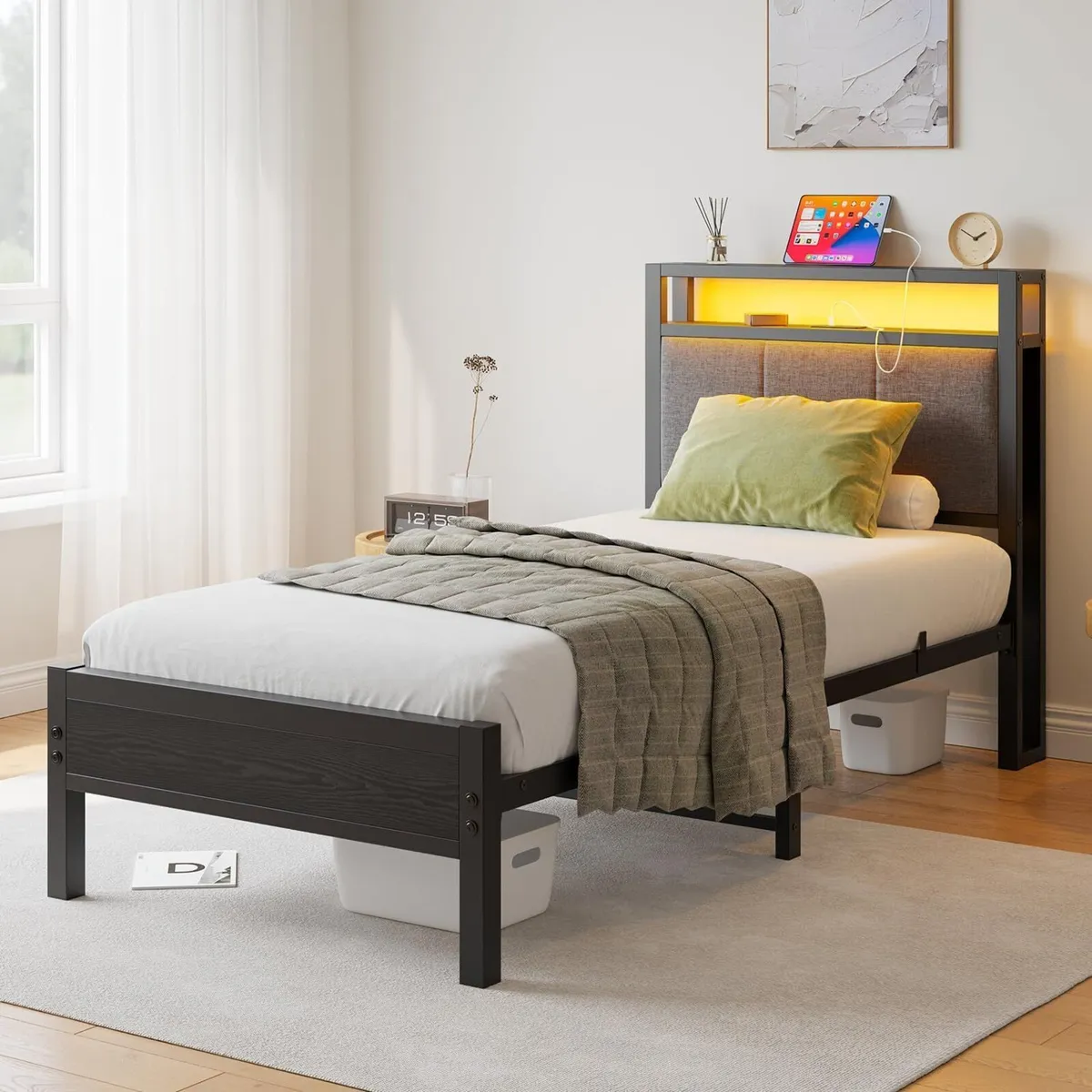 3FT Single Bed Frame with LED Lights and Charging - Image 1