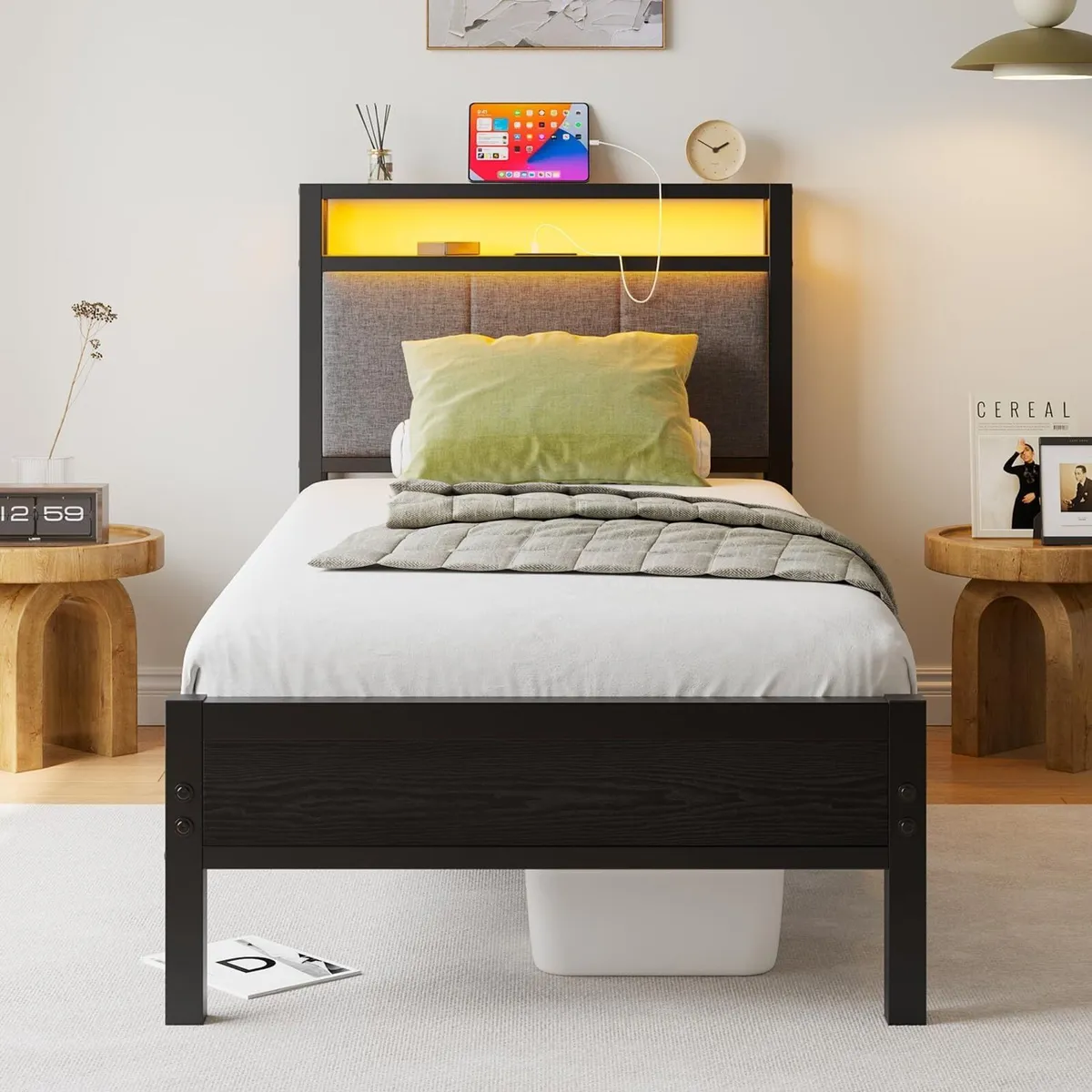 3FT Single Bed Frame with LED Lights and Charging - Image 3