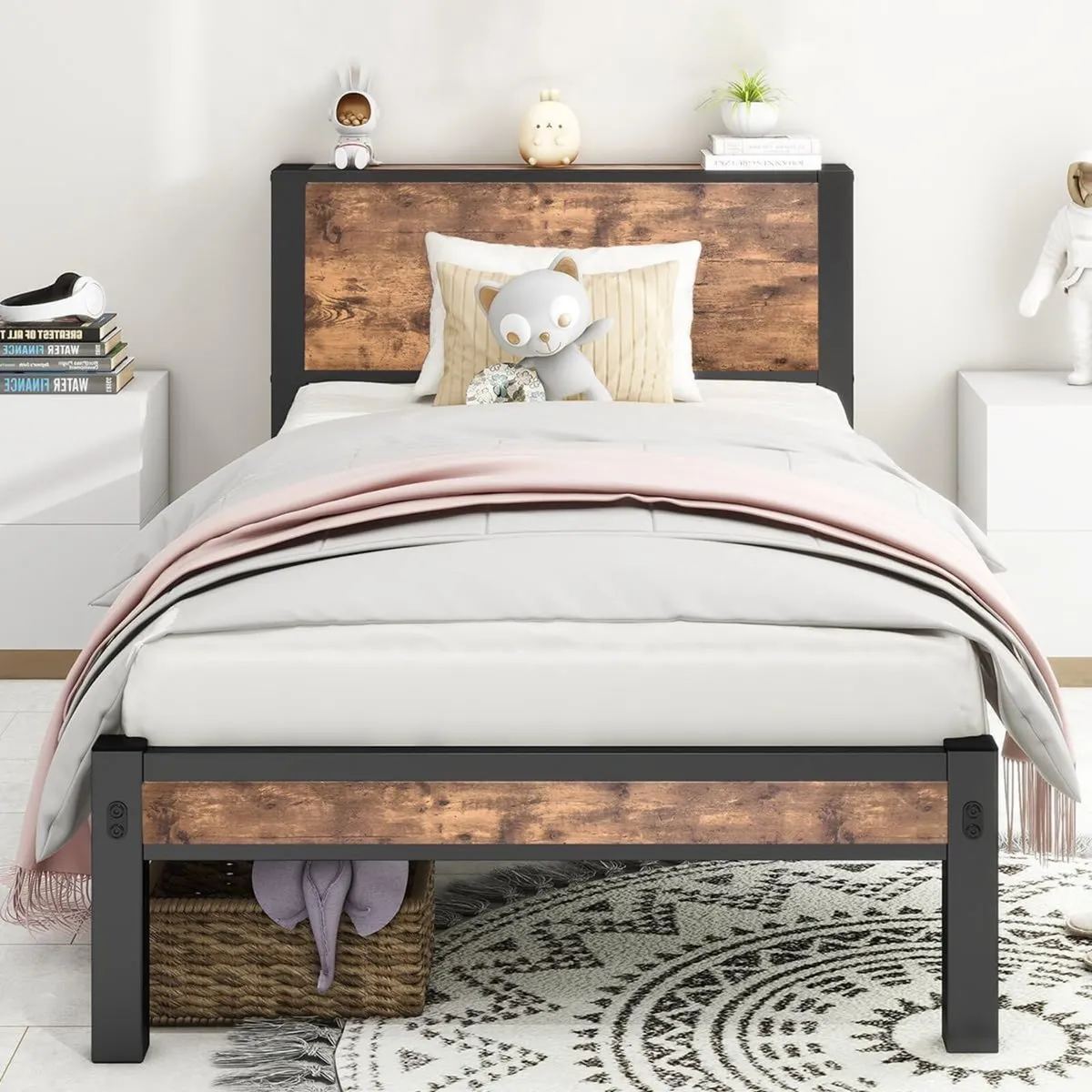 Single Bed Frame with Wood Storage Headboard - Image 1