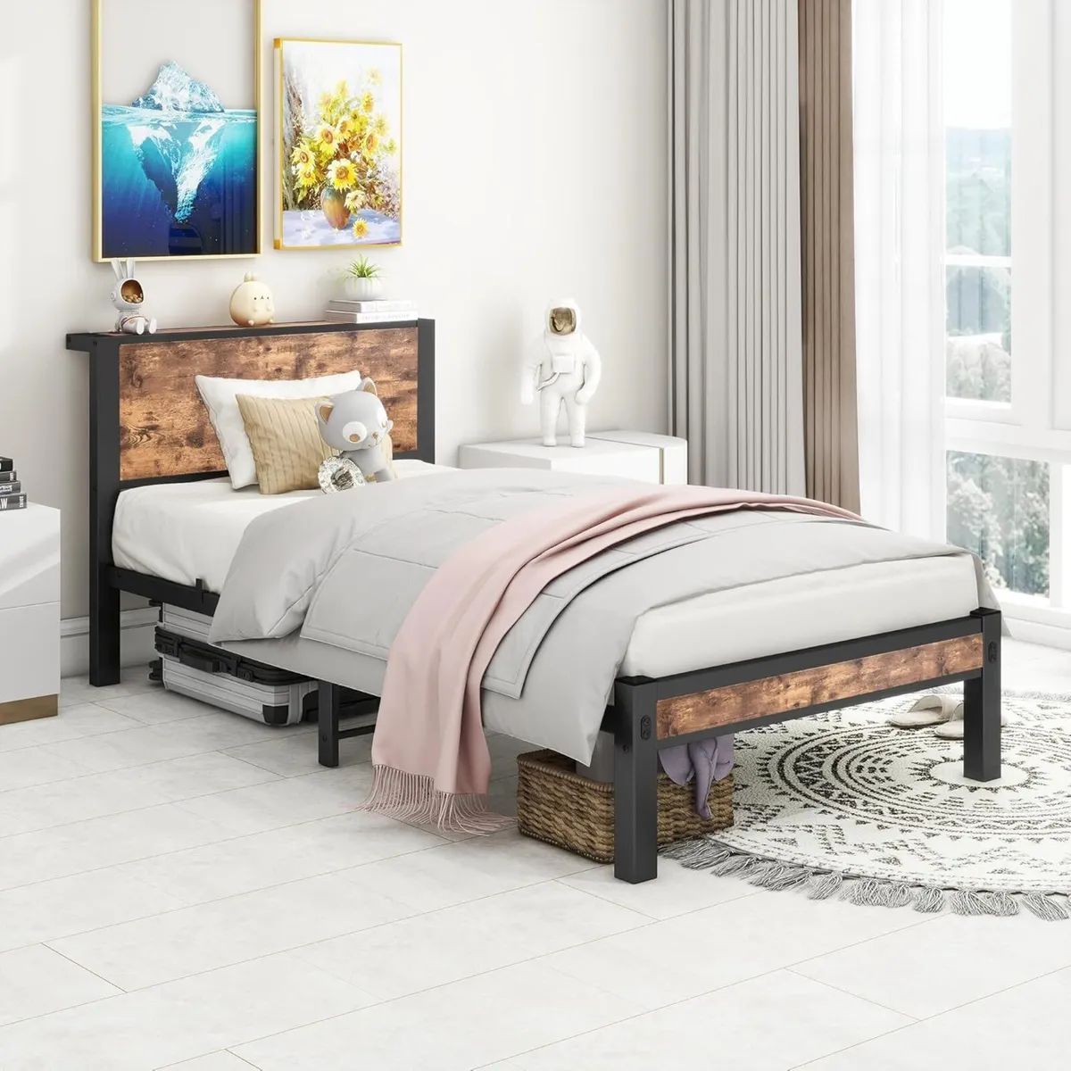 Single Bed Frame with Wood Storage Headboard - Image 3