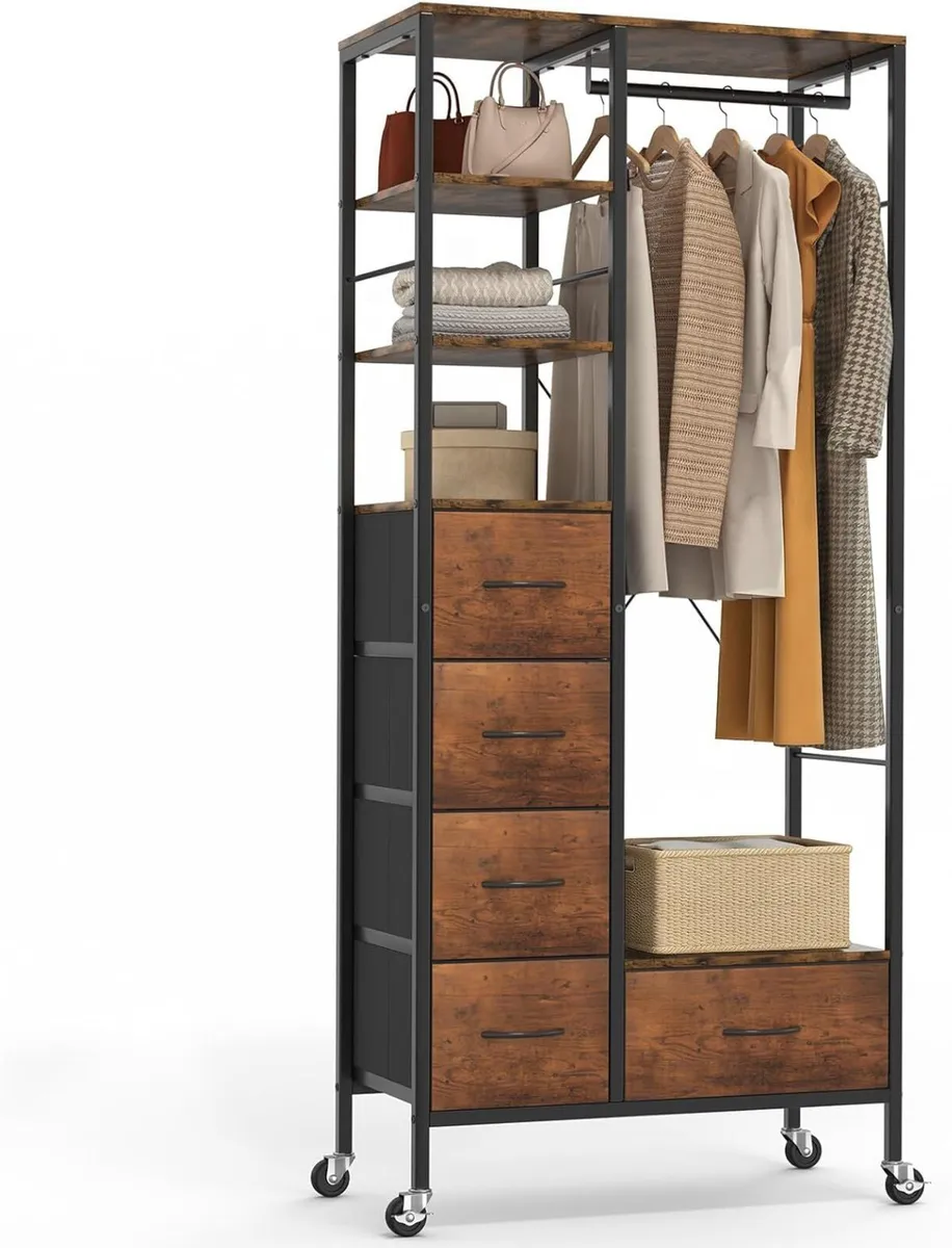 All-in-One Rolling Coat Rack with 5 Drawers - Image 1