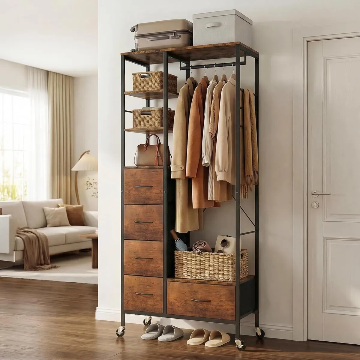 All-in-One Rolling Coat Rack with 5 Drawers - Image 2
