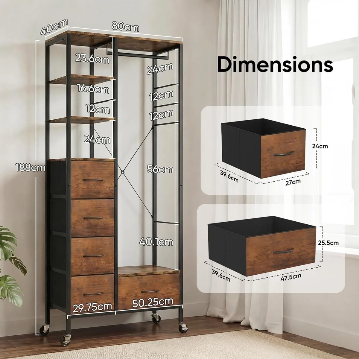 All-in-One Rolling Coat Rack with 5 Drawers - Image 3