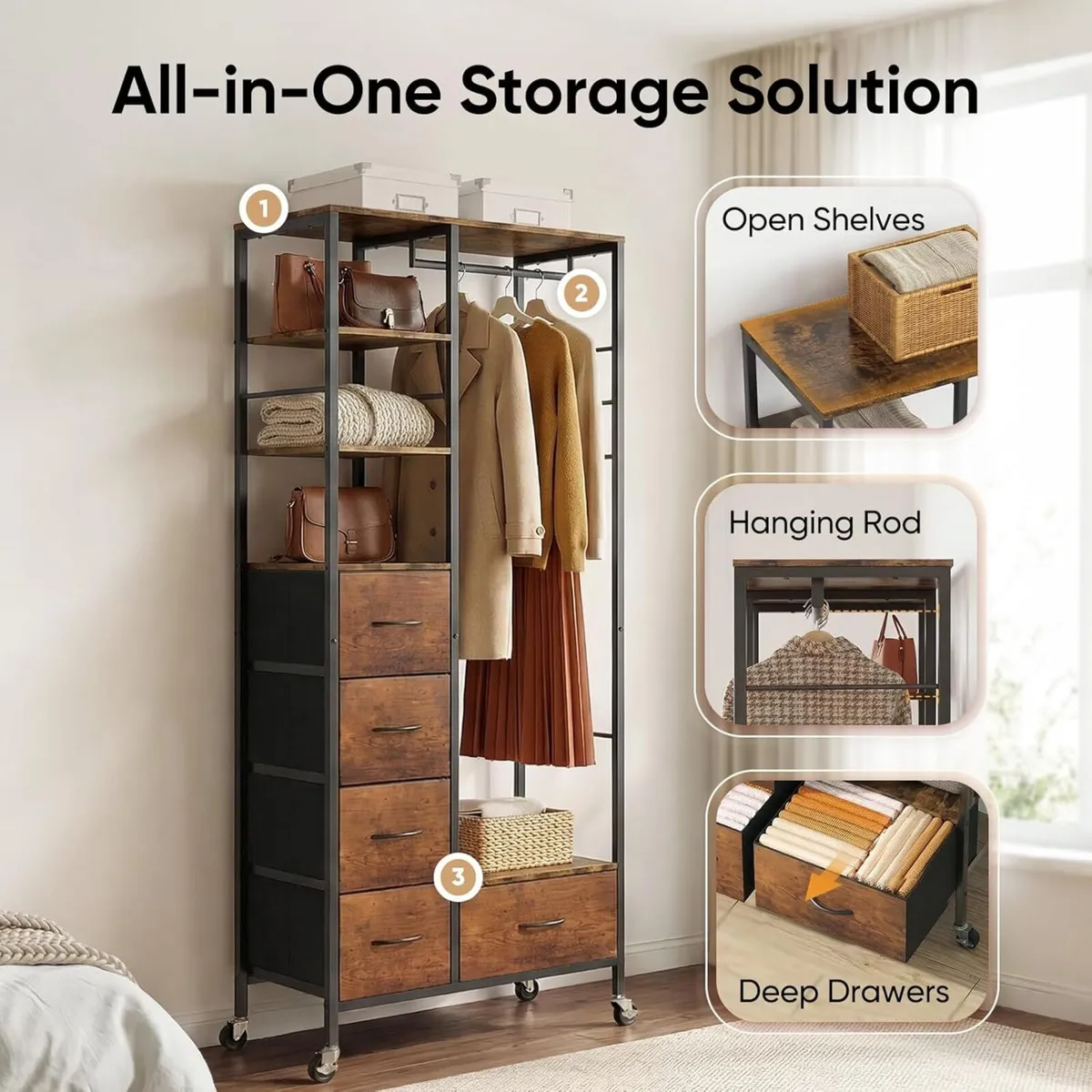All-in-One Rolling Coat Rack with 5 Drawers - Image 4