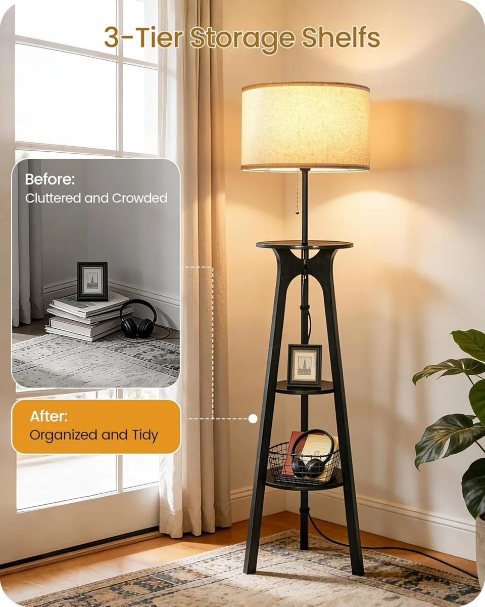 Floor Lamp Corner with 3 Shelves Wood Tripod - Image 4