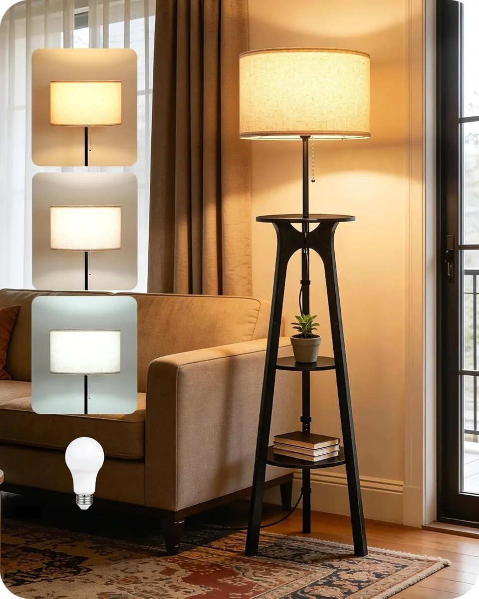 Floor Lamp Corner with 3 Shelves Wood Tripod - Image 1