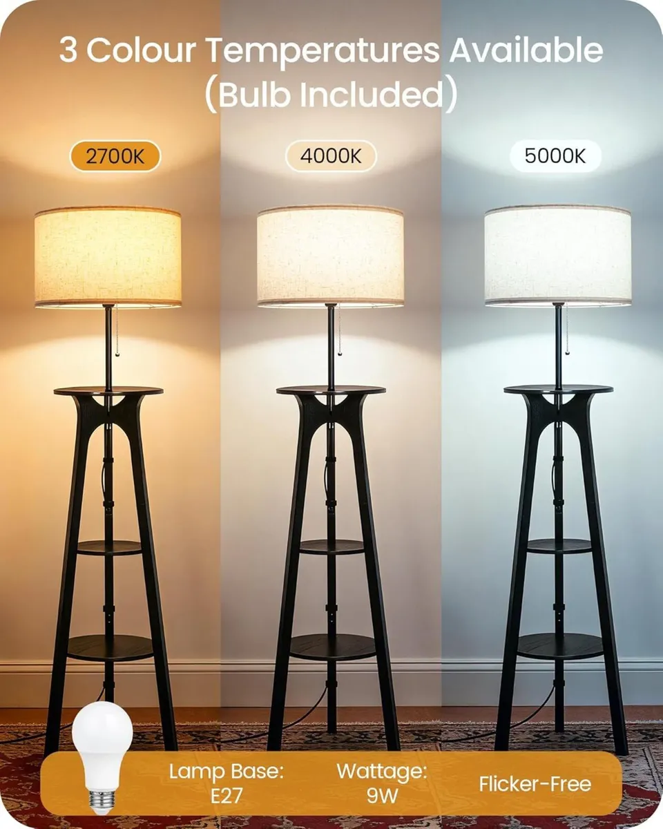 Floor Lamp Corner with 3 Shelves Wood Tripod - Image 2