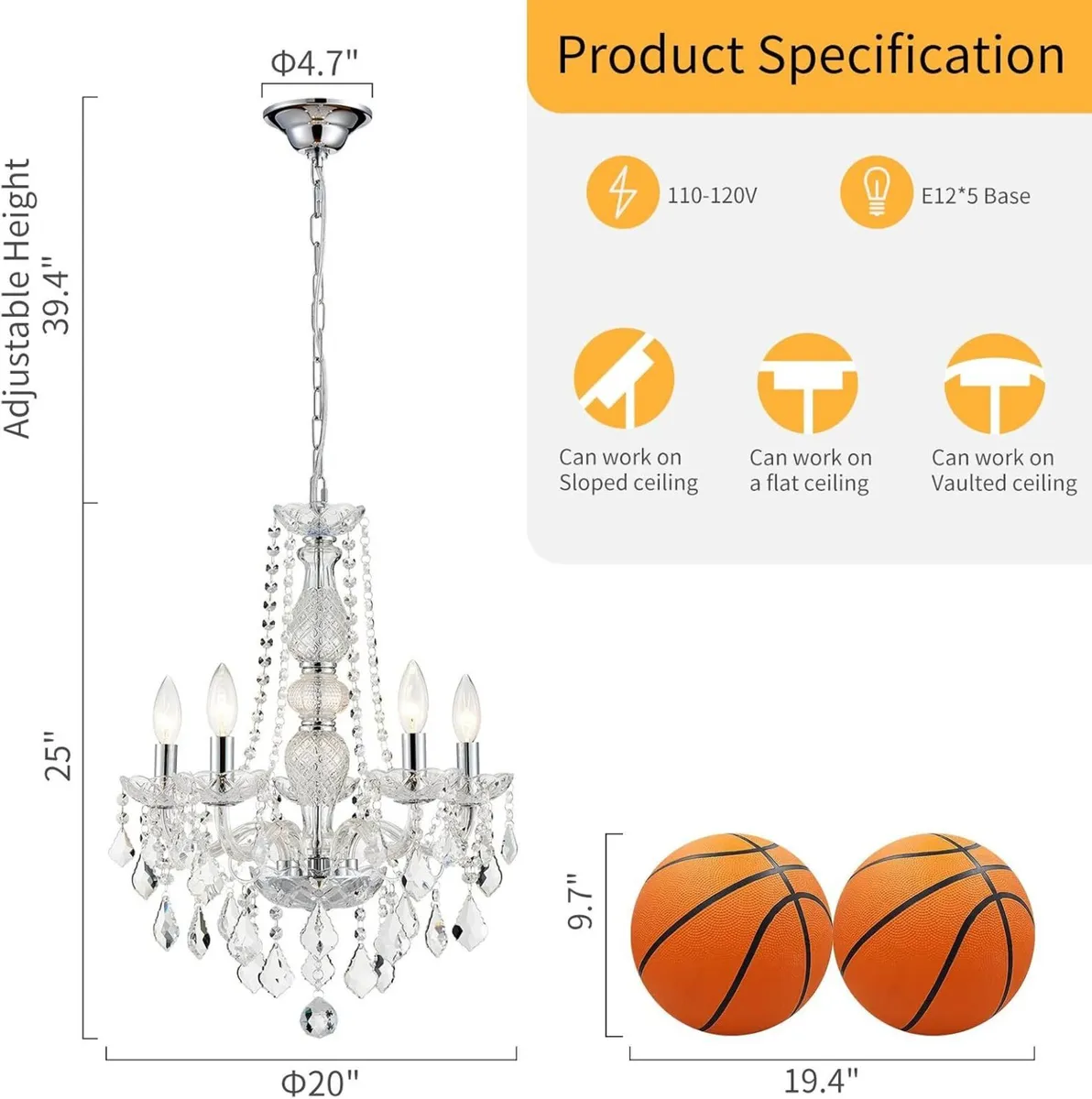 Crystal 5-Light Candle Chandelier Pendant - Image 2