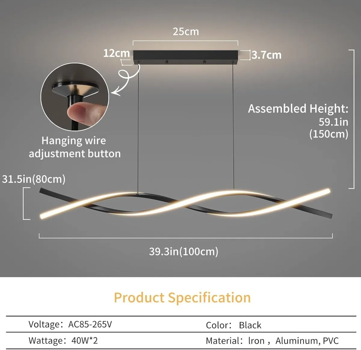 100CM Wave Pendant Light Black Modern Chandelier - Image 2