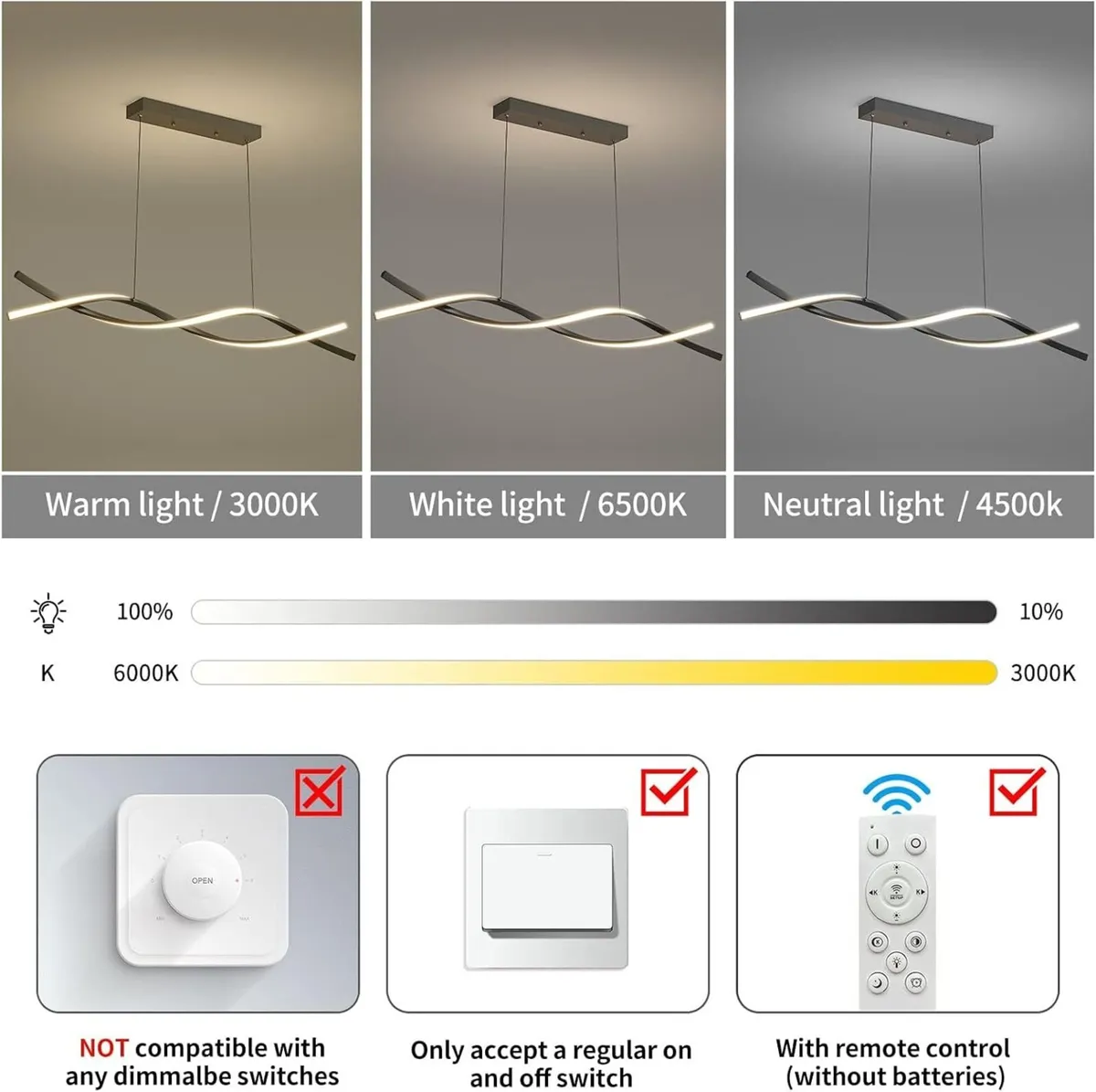 100CM Wave Pendant Light Black Modern Chandelier - Image 4