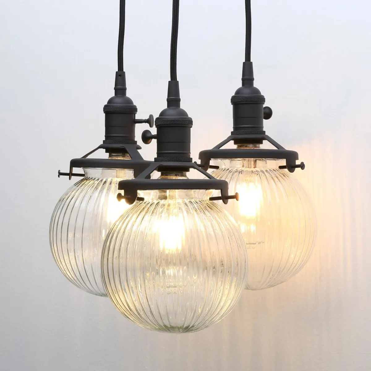 Vintage Ribbed Glass 3 Ceiling Pendant Light with - Image 1