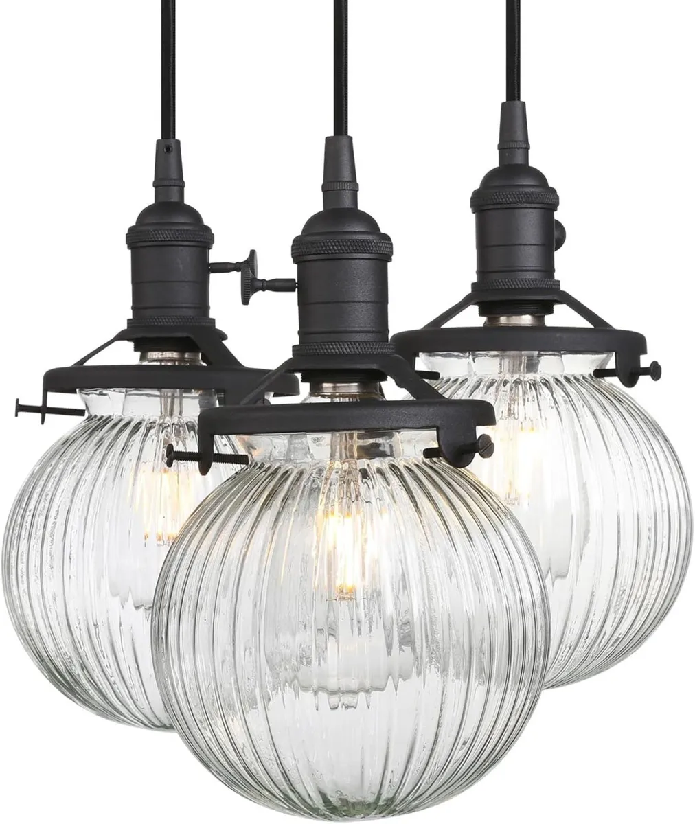Vintage Ribbed Glass 3 Ceiling Pendant Light with - Image 2