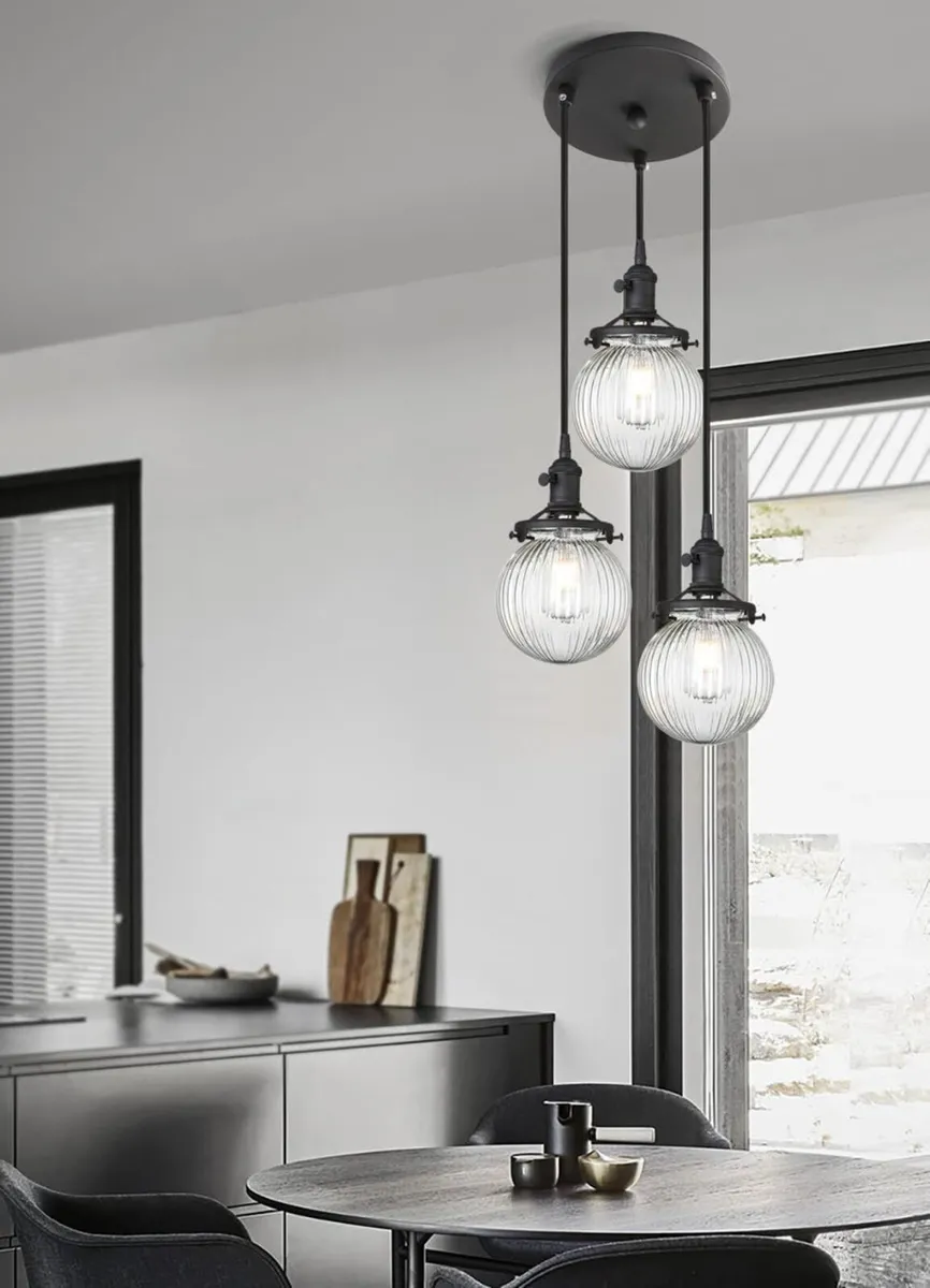 Vintage Ribbed Glass 3 Ceiling Pendant Light with - Image 3