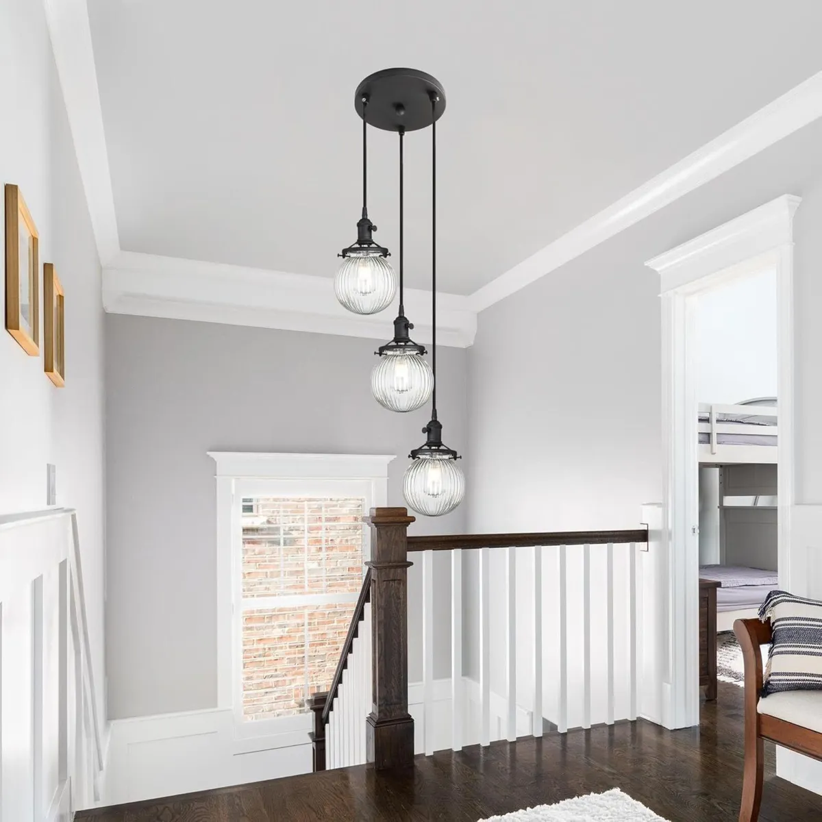 Vintage Ribbed Glass 3 Ceiling Pendant Light with - Image 4