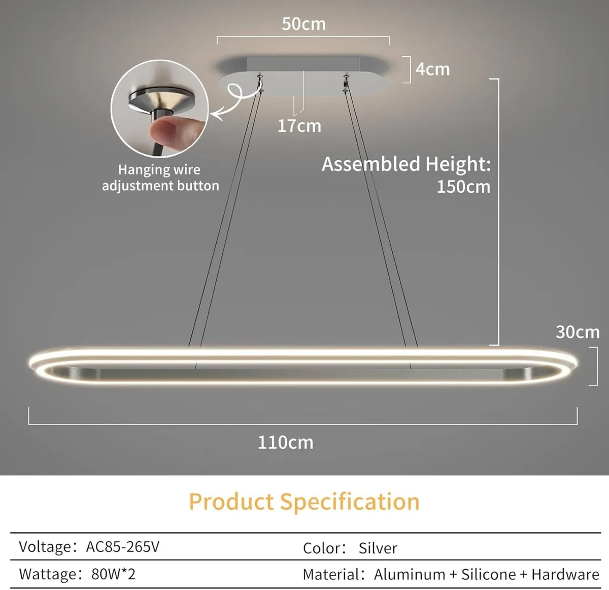 Modern LED Oval Pendant Light 110cm Kitchen - Image 2