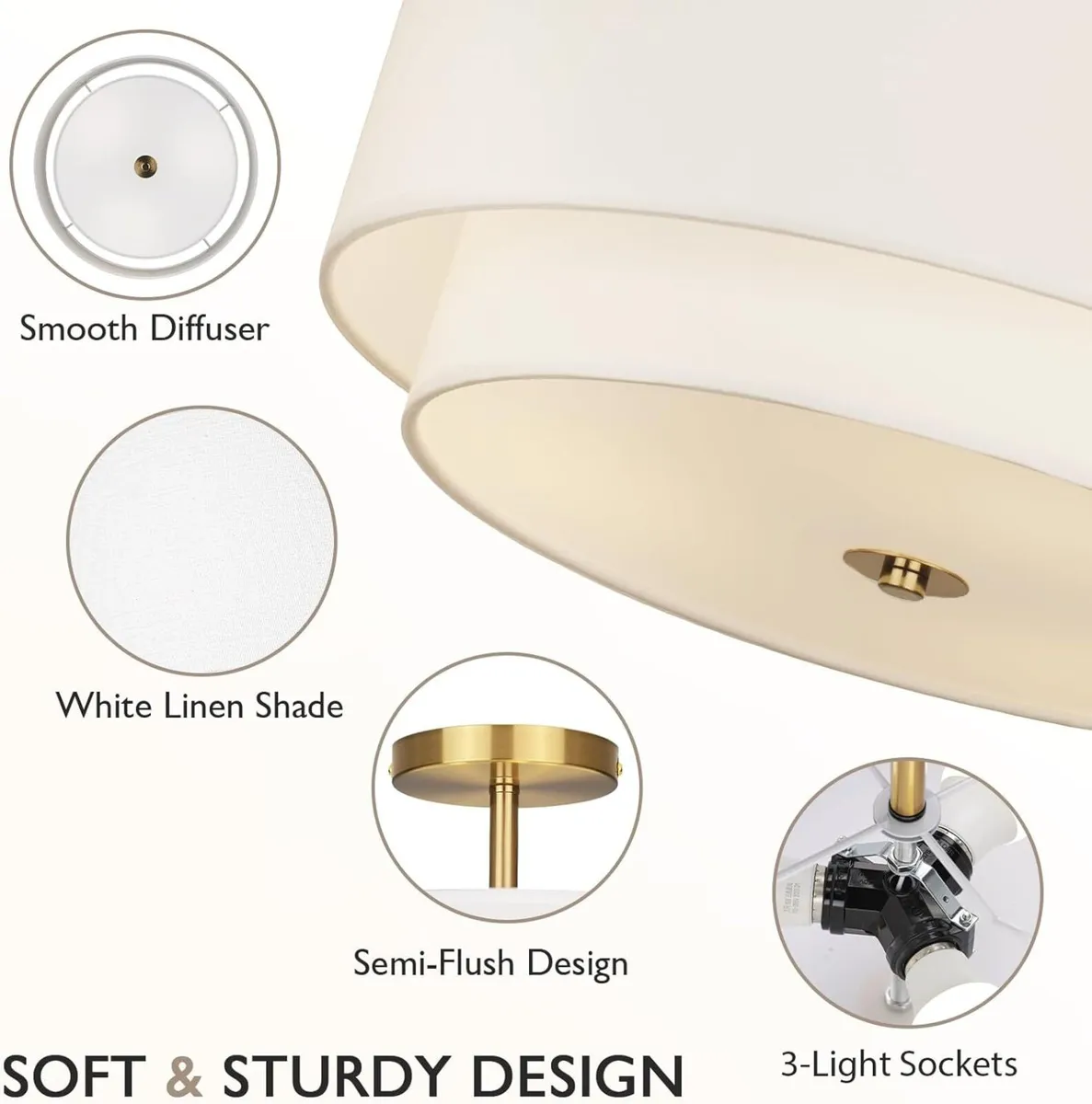 40 cm Dual Drum Gold 3-Light Semi Flush Mount - Image 3