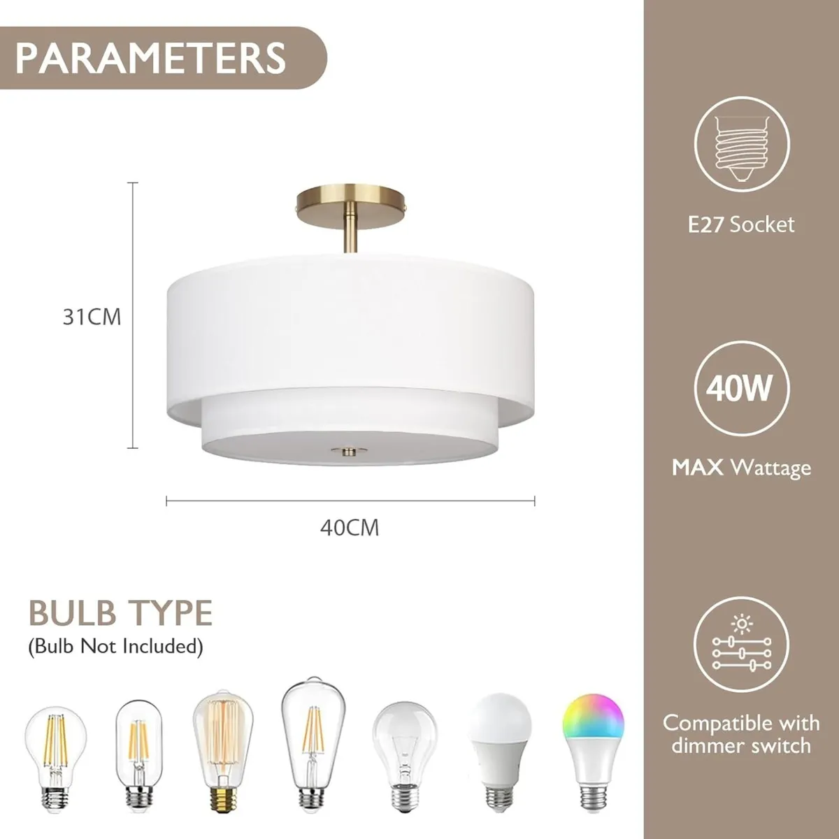 40 cm Dual Drum Gold 3-Light Semi Flush Mount - Image 2